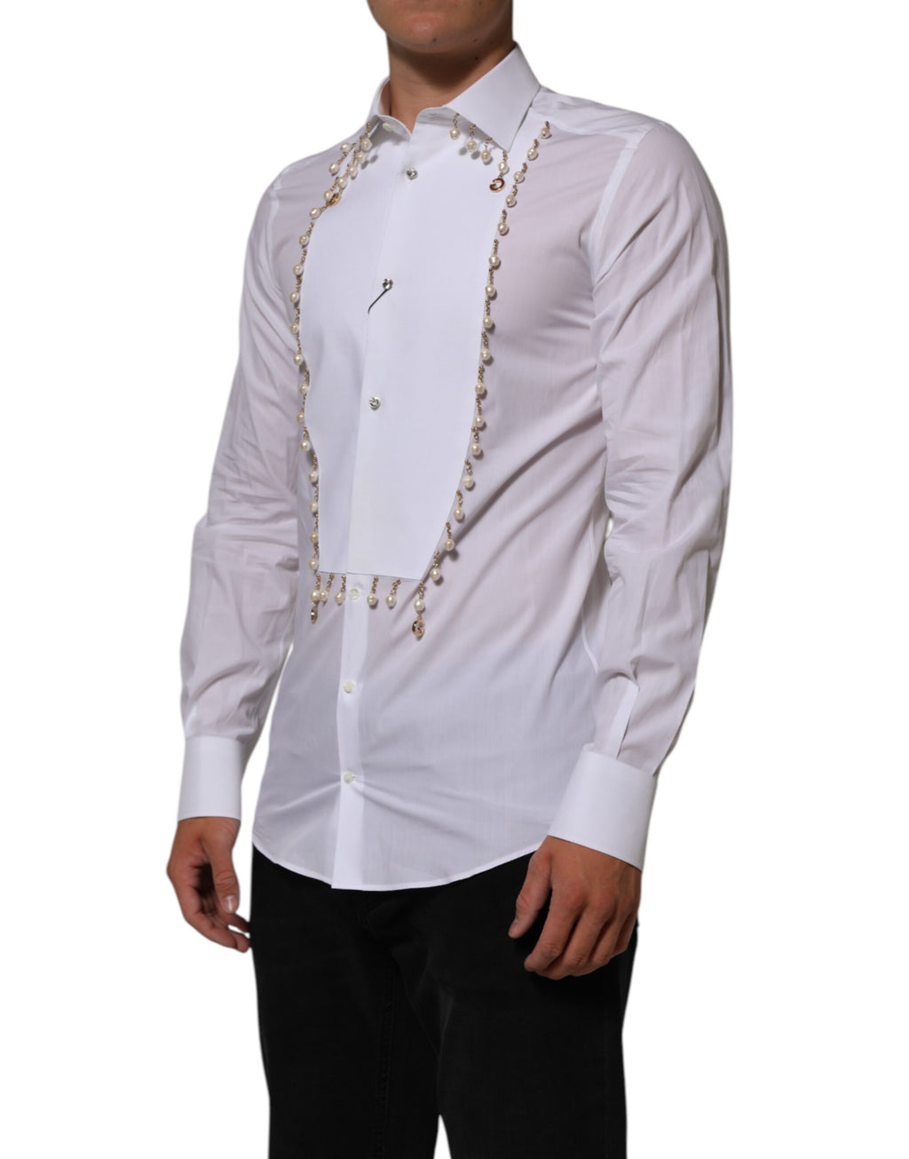 Dolce & Gabbana White DG-Logo Pearl GOLD Cotton Formal Shirt