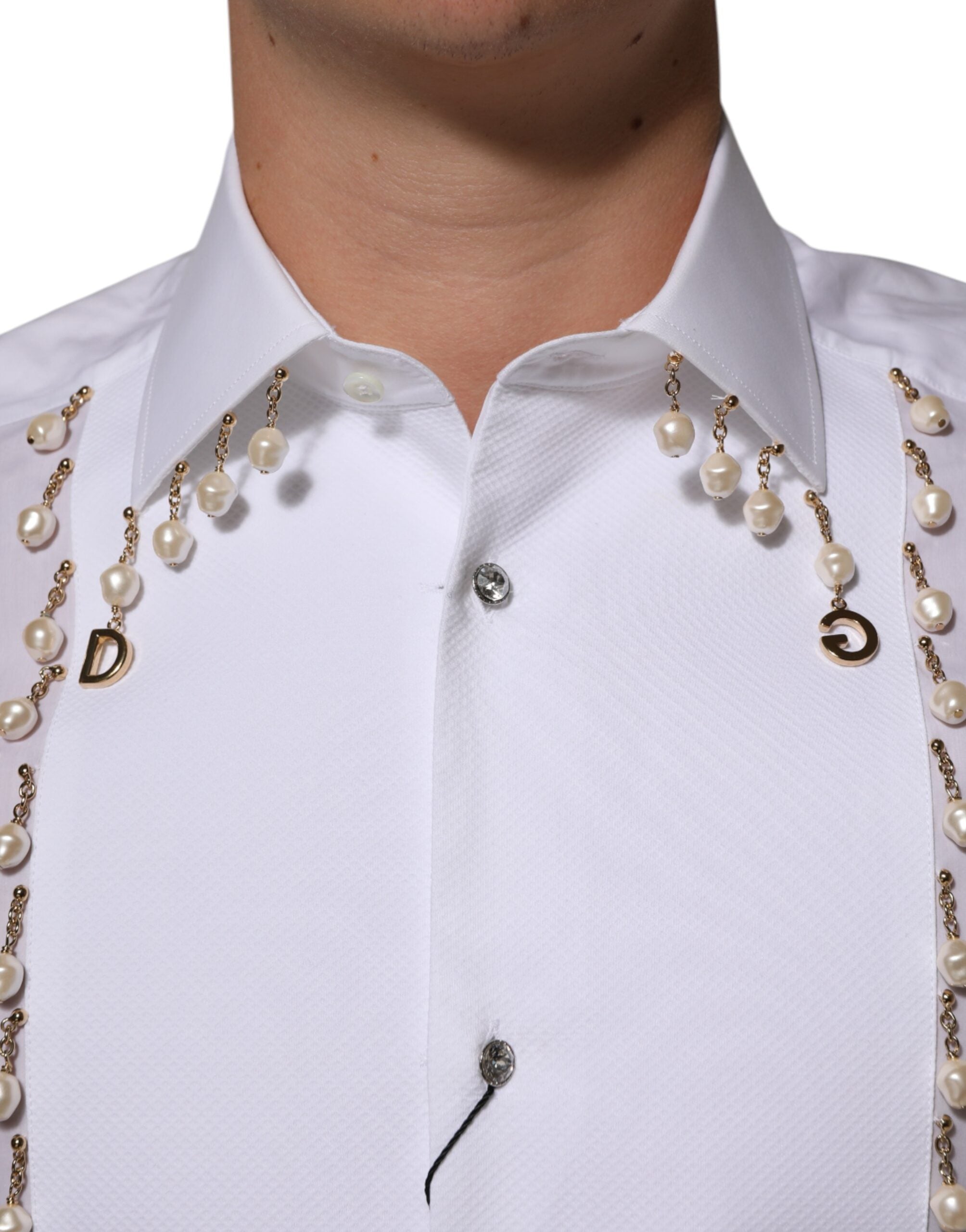 Dolce & Gabbana White DG-Logo Pearl GOLD Cotton Formal Shirt