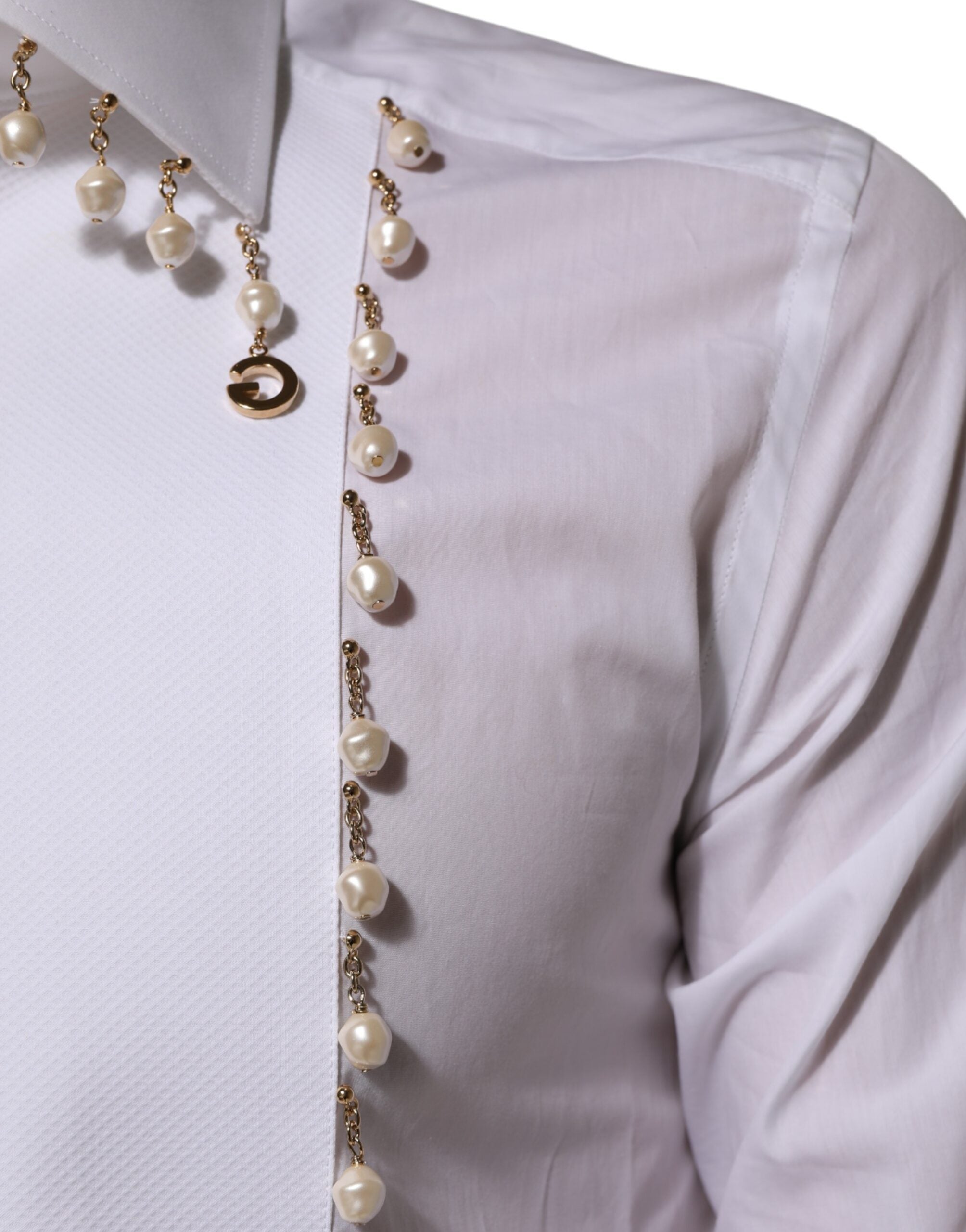 Dolce & Gabbana White DG-Logo Pearl GOLD Cotton Formal Shirt
