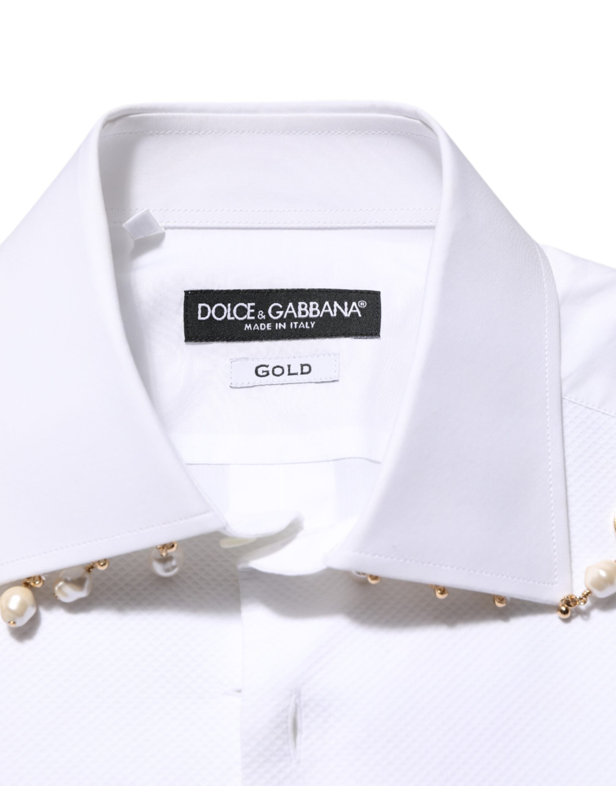 Dolce & Gabbana White DG-Logo Pearl GOLD Cotton Formal Shirt