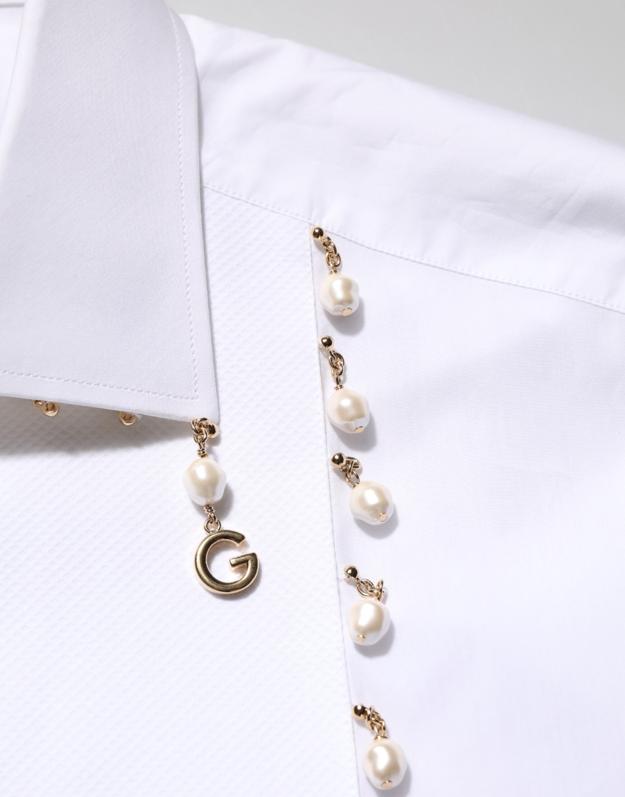 Dolce & Gabbana White DG-Logo Pearl GOLD Cotton Formal Shirt