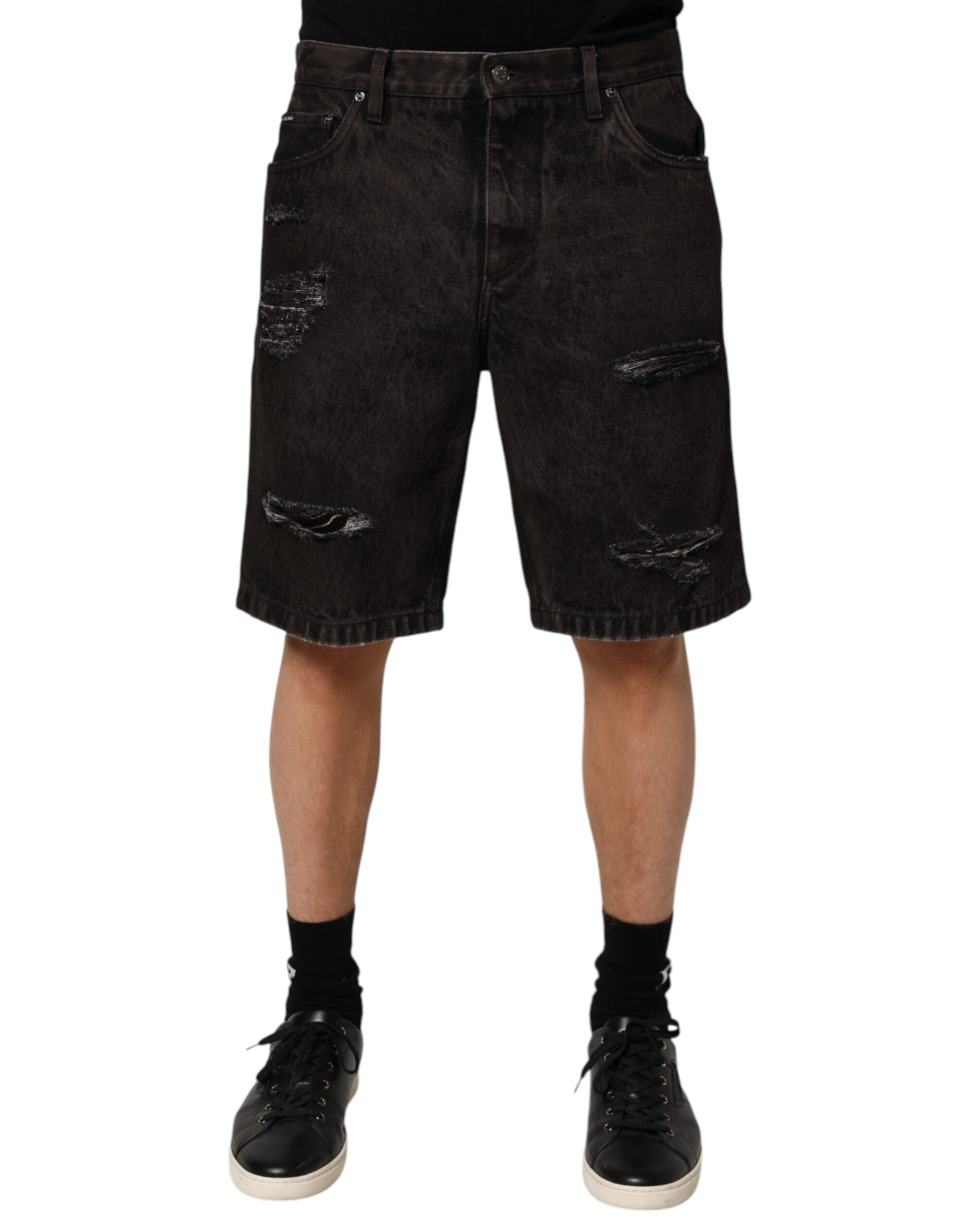 Dolce & Gabbana Black Cotton Tattered Denim Men's Bermuda Shorts