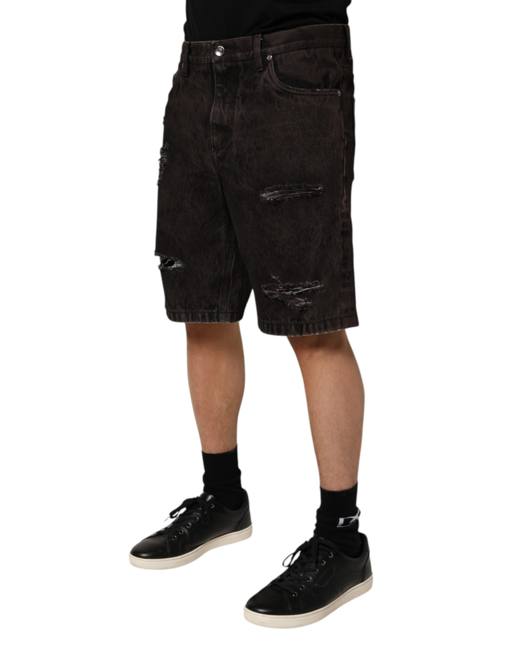 Dolce & Gabbana Black Cotton Tattered Denim Men's Bermuda Shorts