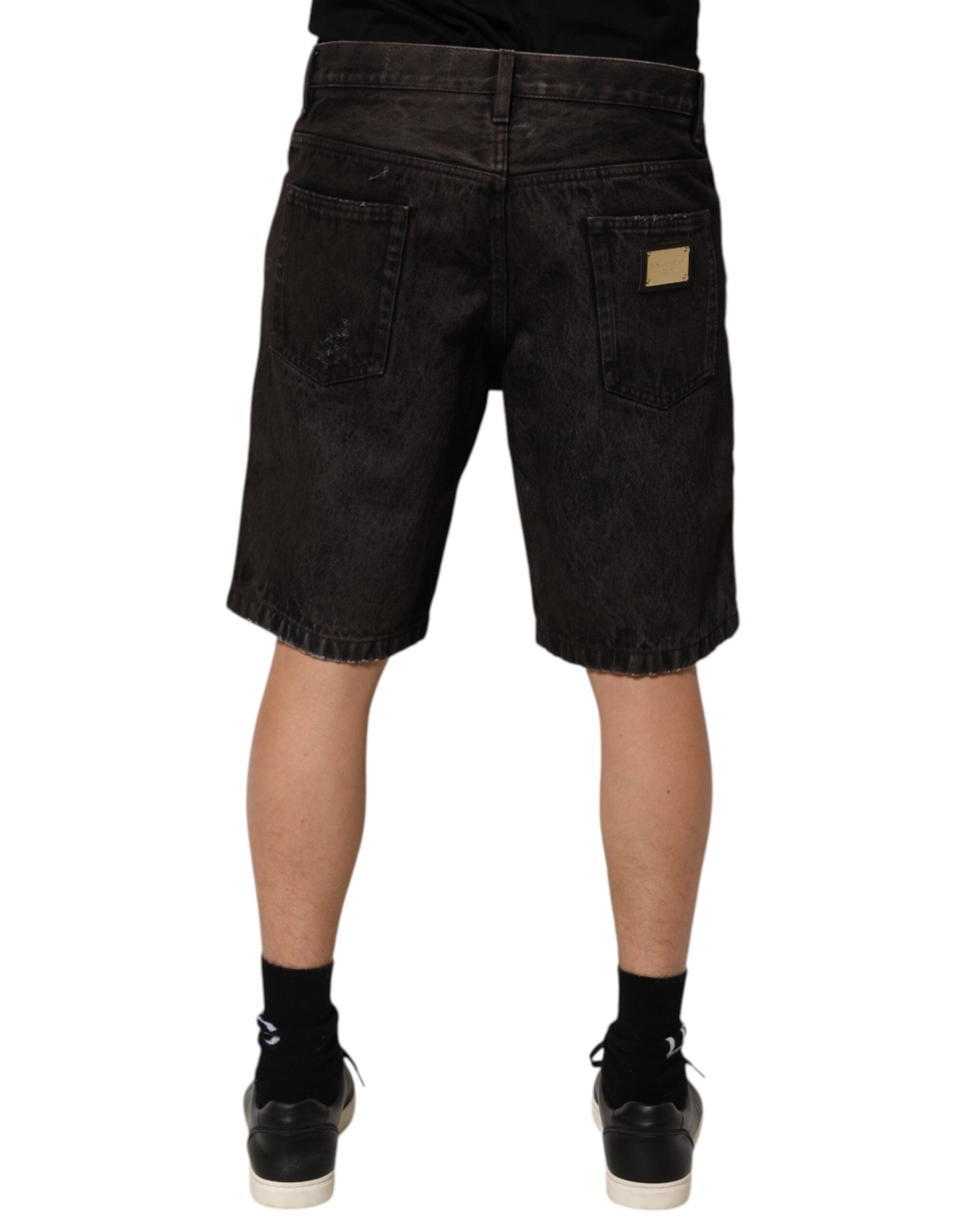 Dolce & Gabbana Black Cotton Tattered Denim Men's Bermuda Shorts