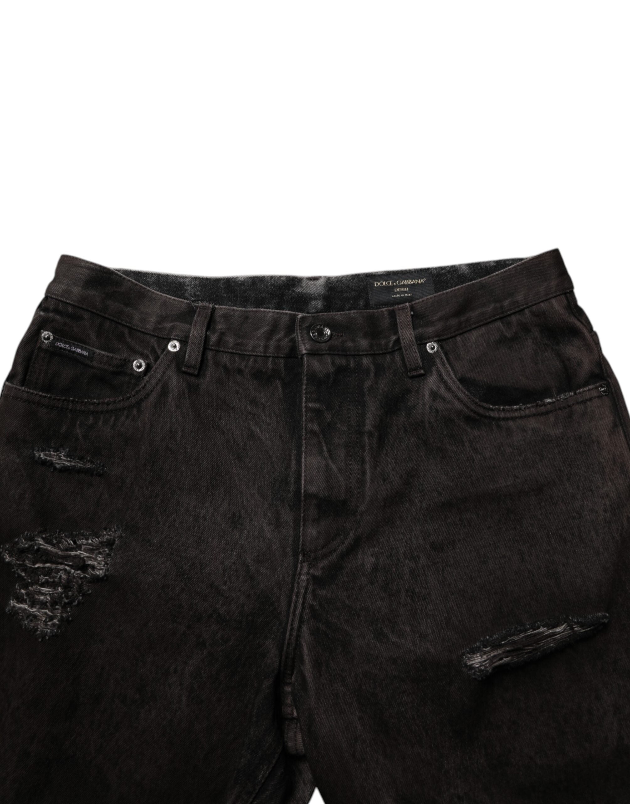 Dolce & Gabbana Black Cotton Tattered Denim Men's Bermuda Shorts