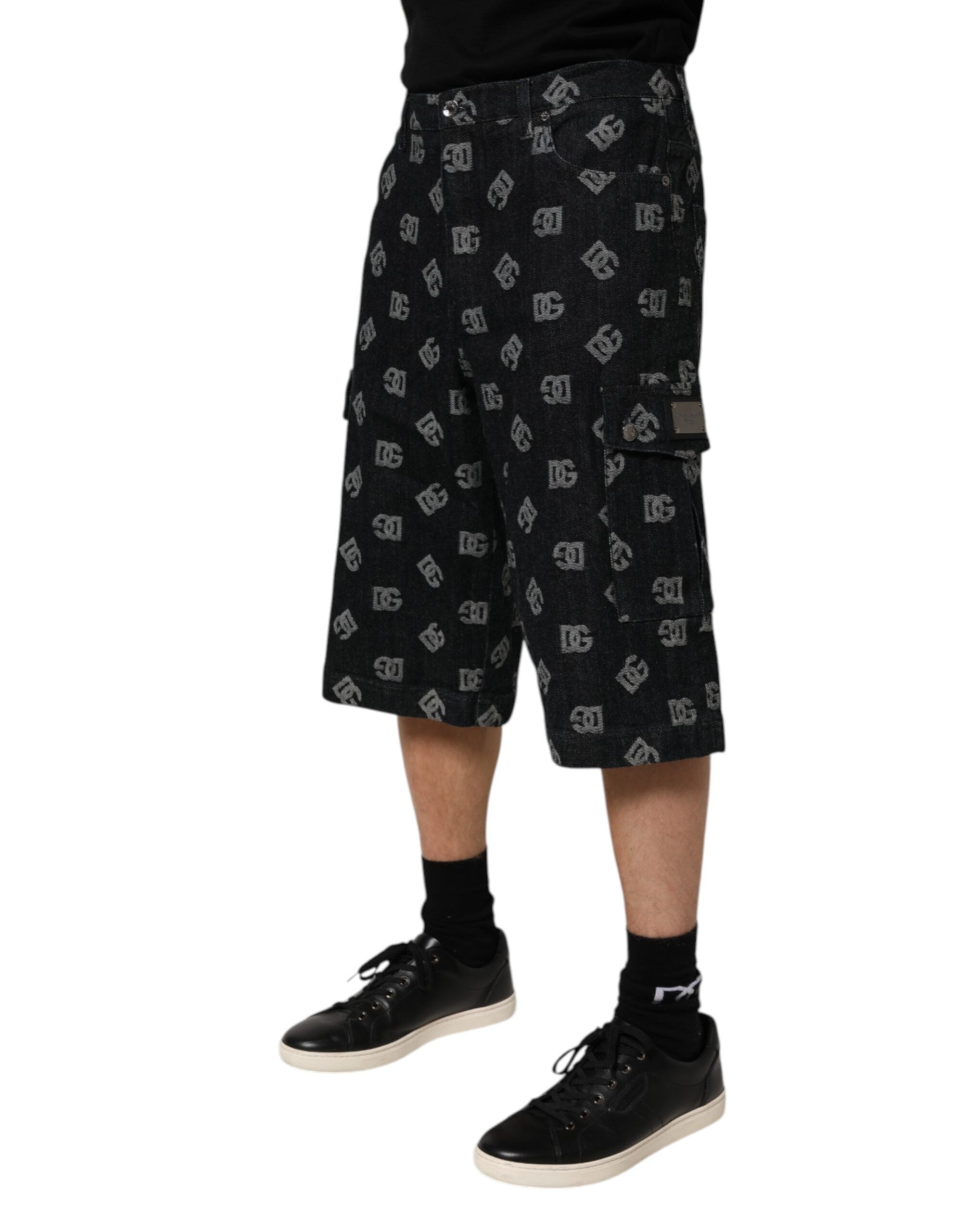 Dolce & Gabbana Black Monogram Denim Cargo Men's Bermuda Shorts