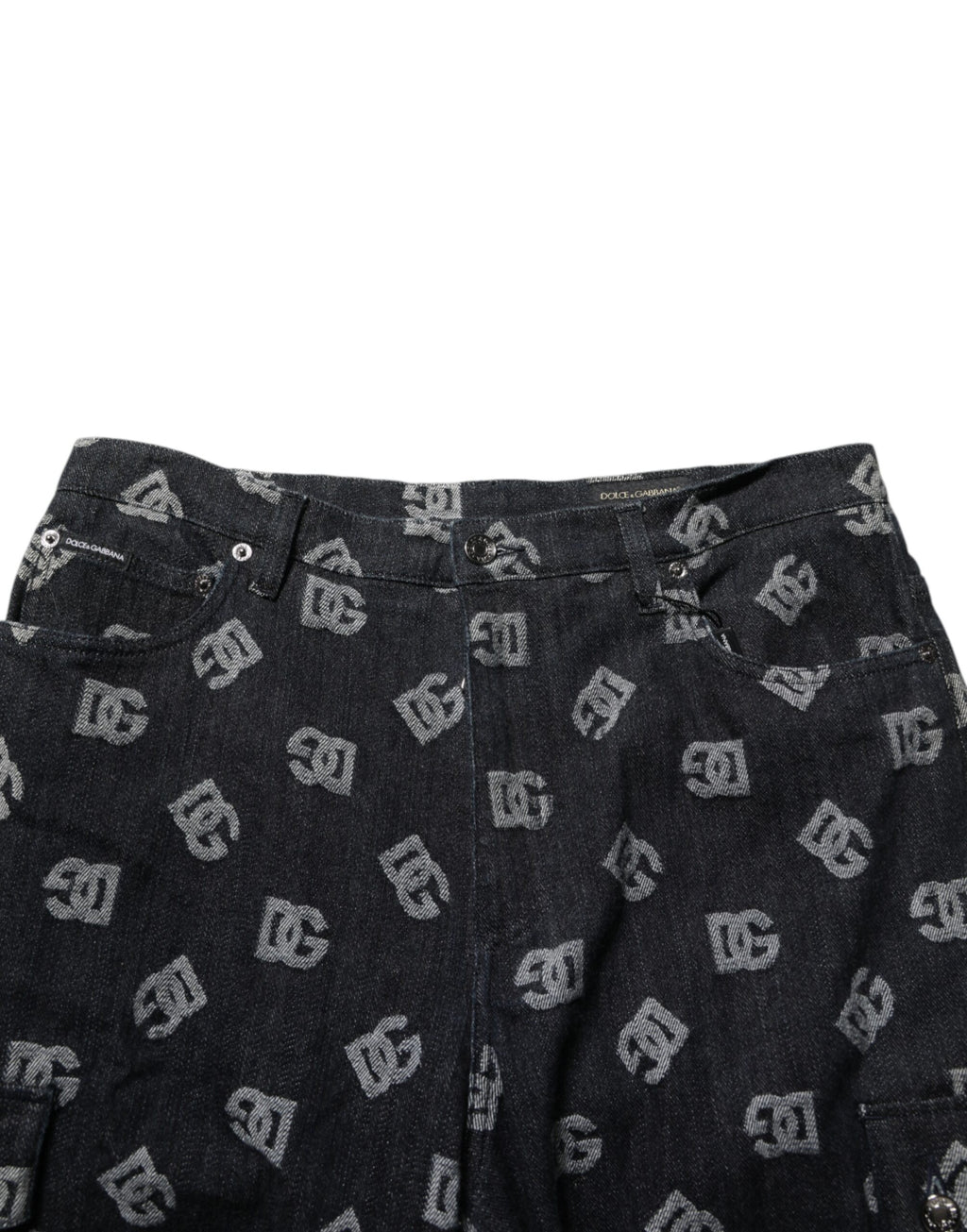 Dolce & Gabbana Black Monogram Denim Cargo Men's Bermuda Shorts