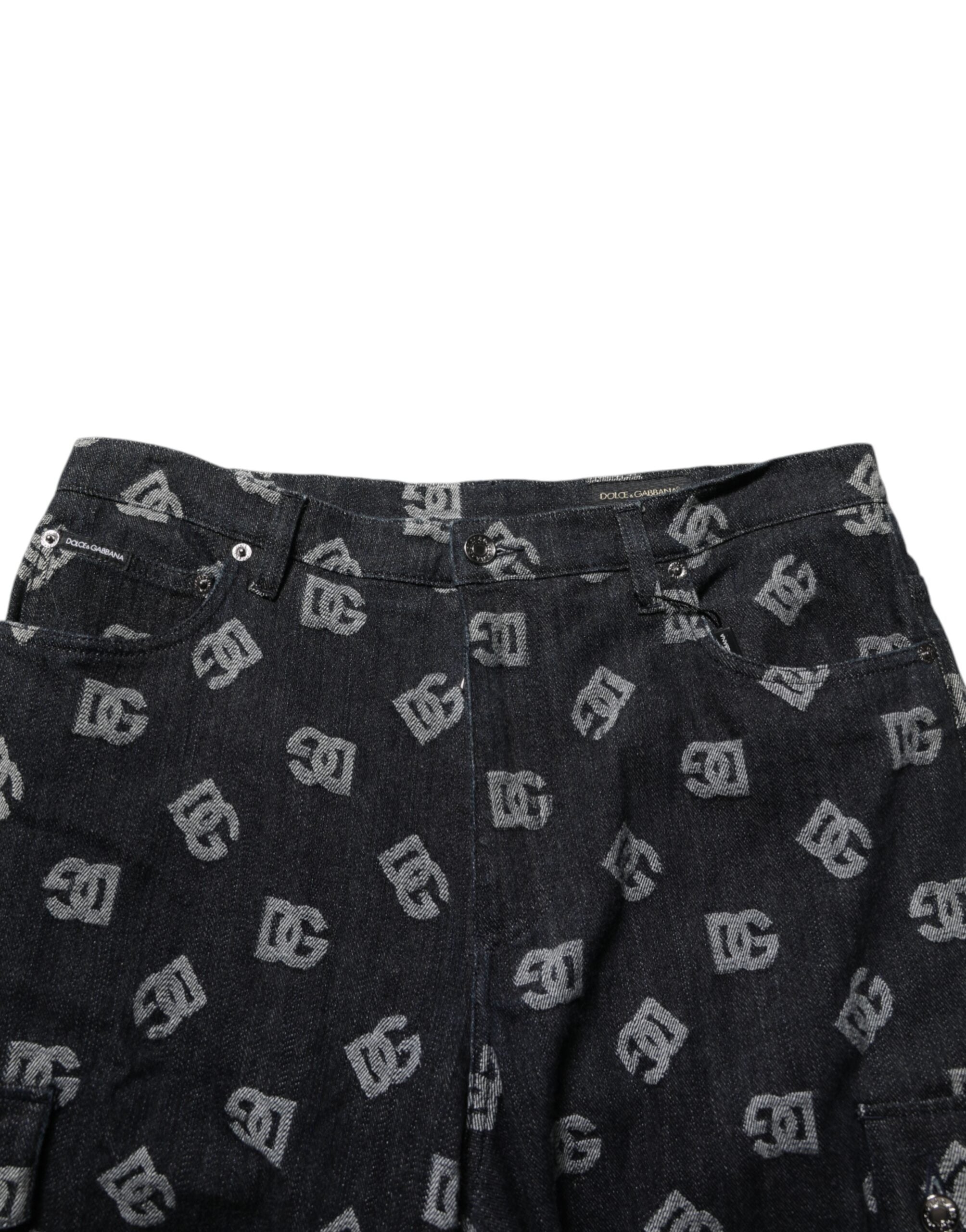 Dolce & Gabbana Black Monogram Denim Cargo Men's Bermuda Shorts