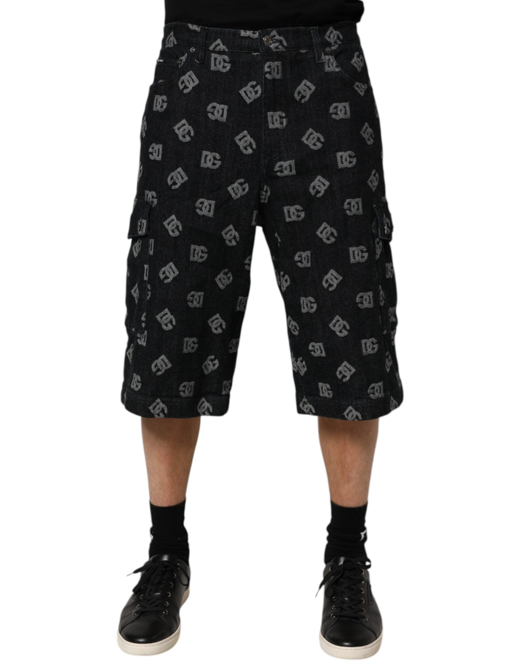Dolce & Gabbana Black Monogram Denim Cargo Men's Bermuda Shorts