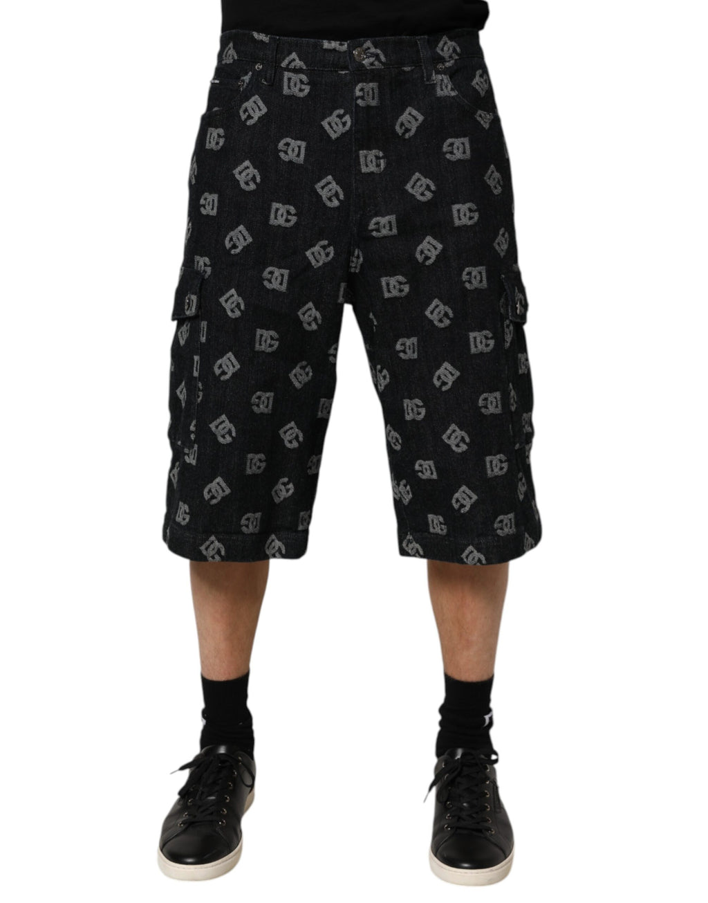 Dolce & Gabbana Black Monogram Denim Cargo Men's Bermuda Shorts