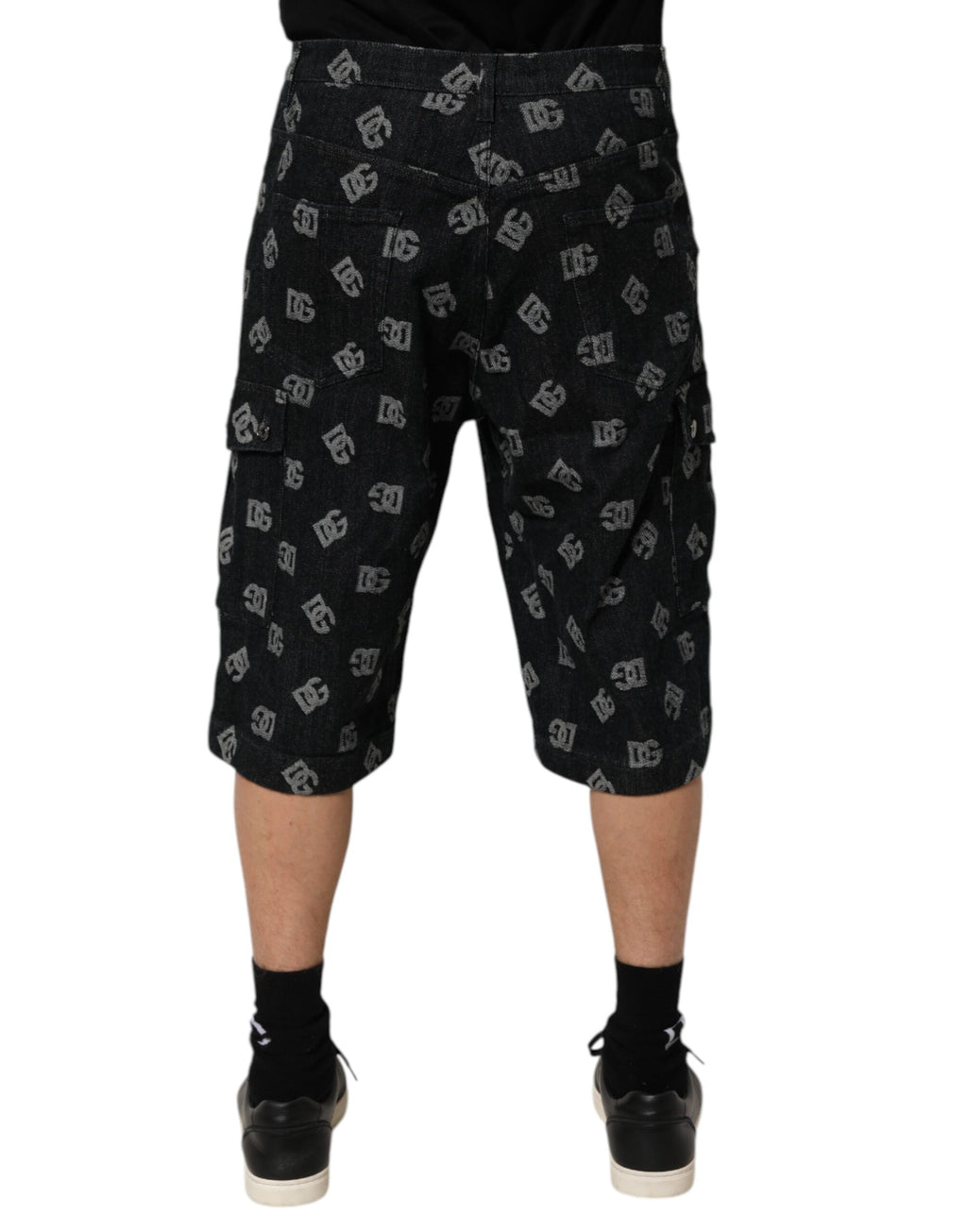 Dolce & Gabbana Black Monogram Denim Cargo Men's Bermuda Shorts