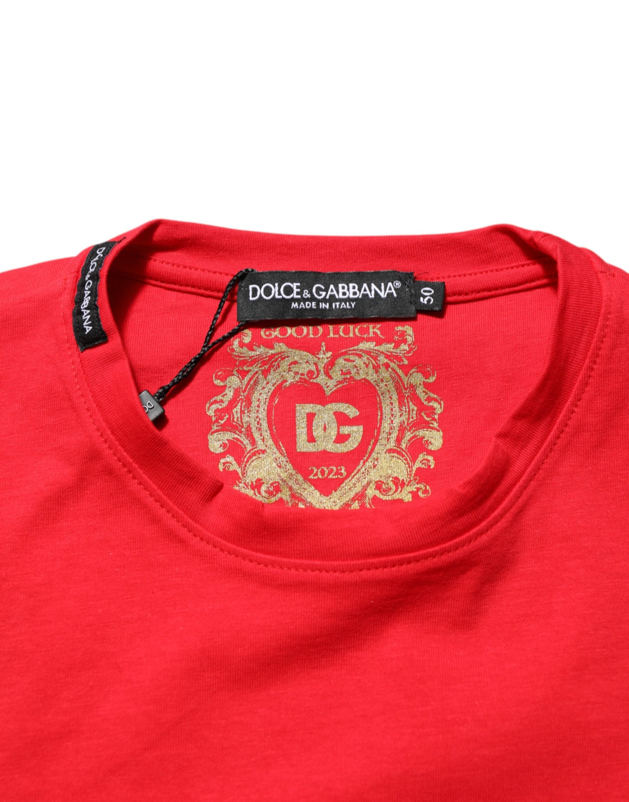 Dolce & Gabbana Red Goodluck 2023 Crew Neck Cotton T-Shirt