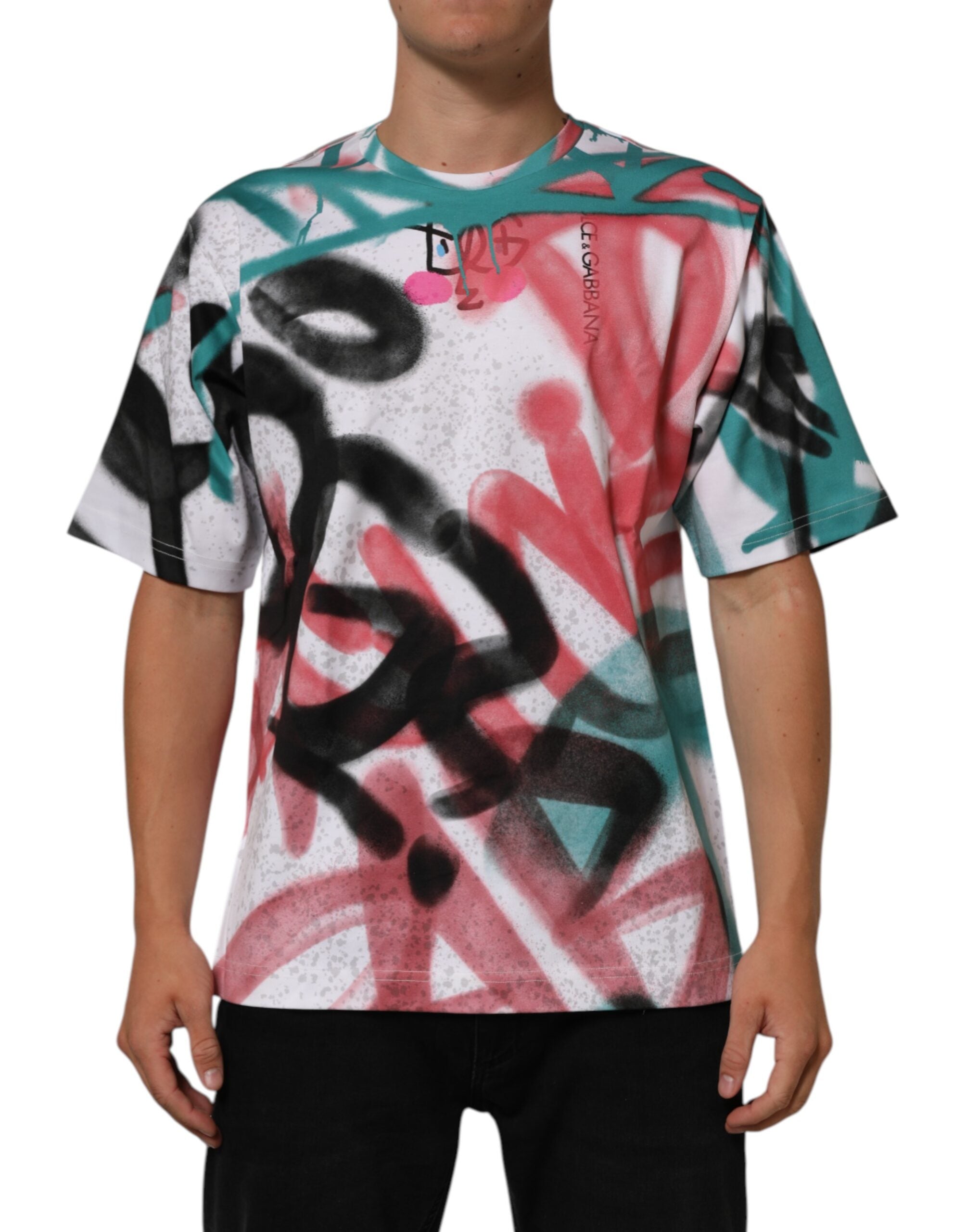 Dolce & Gabbana Weißes Graffiti-T-Shirt mit Rundhalsausschnitt und kurzen Ärmeln
