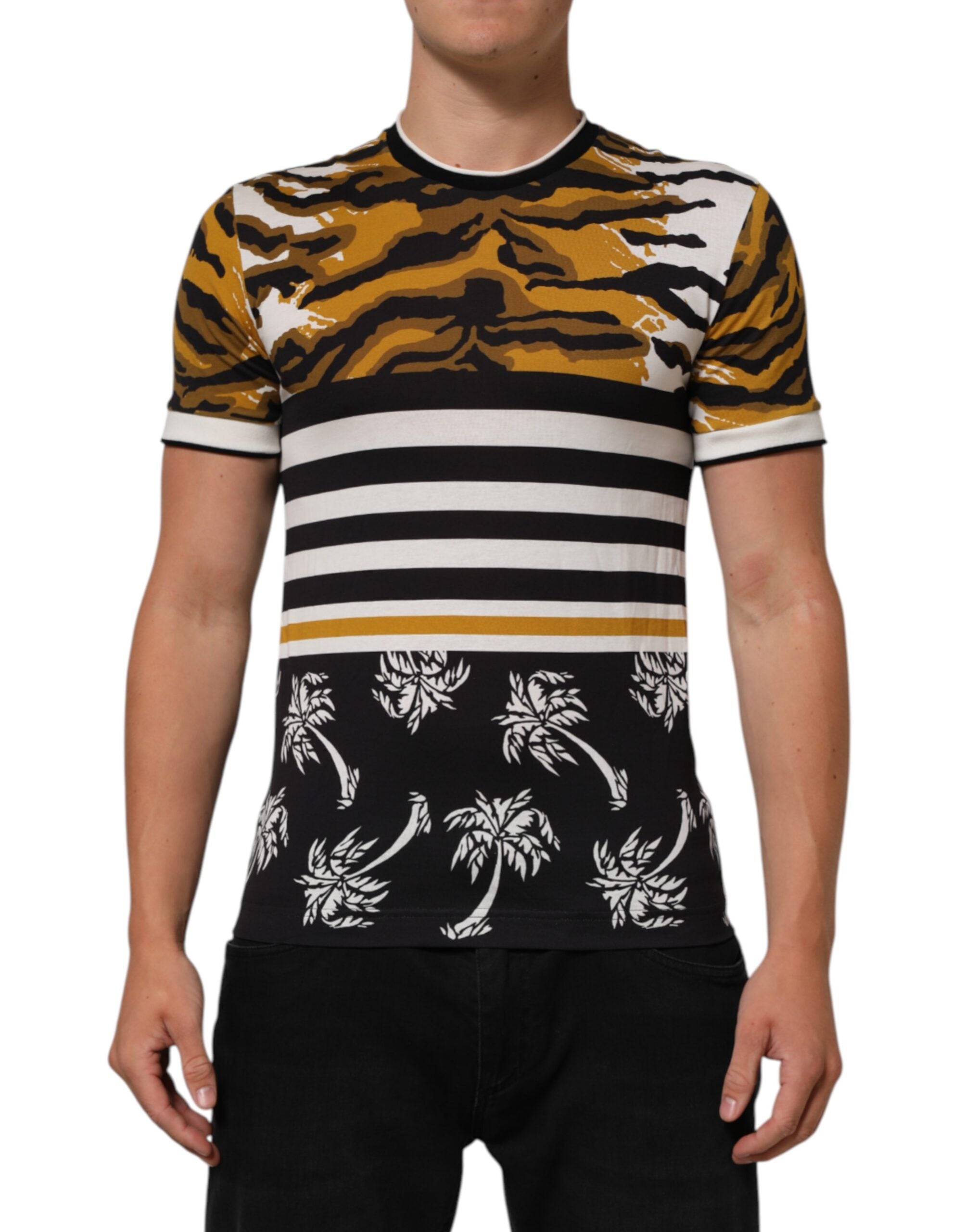 Dolce & Gabbana Multicolor Leopard Palm Leaf Men's Crew Neck T-Shirt