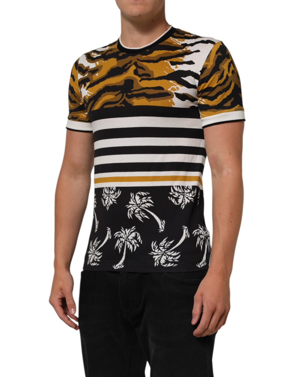 Dolce & Gabbana Multicolor Leopard Palm Leaf Men's Crew Neck T-Shirt