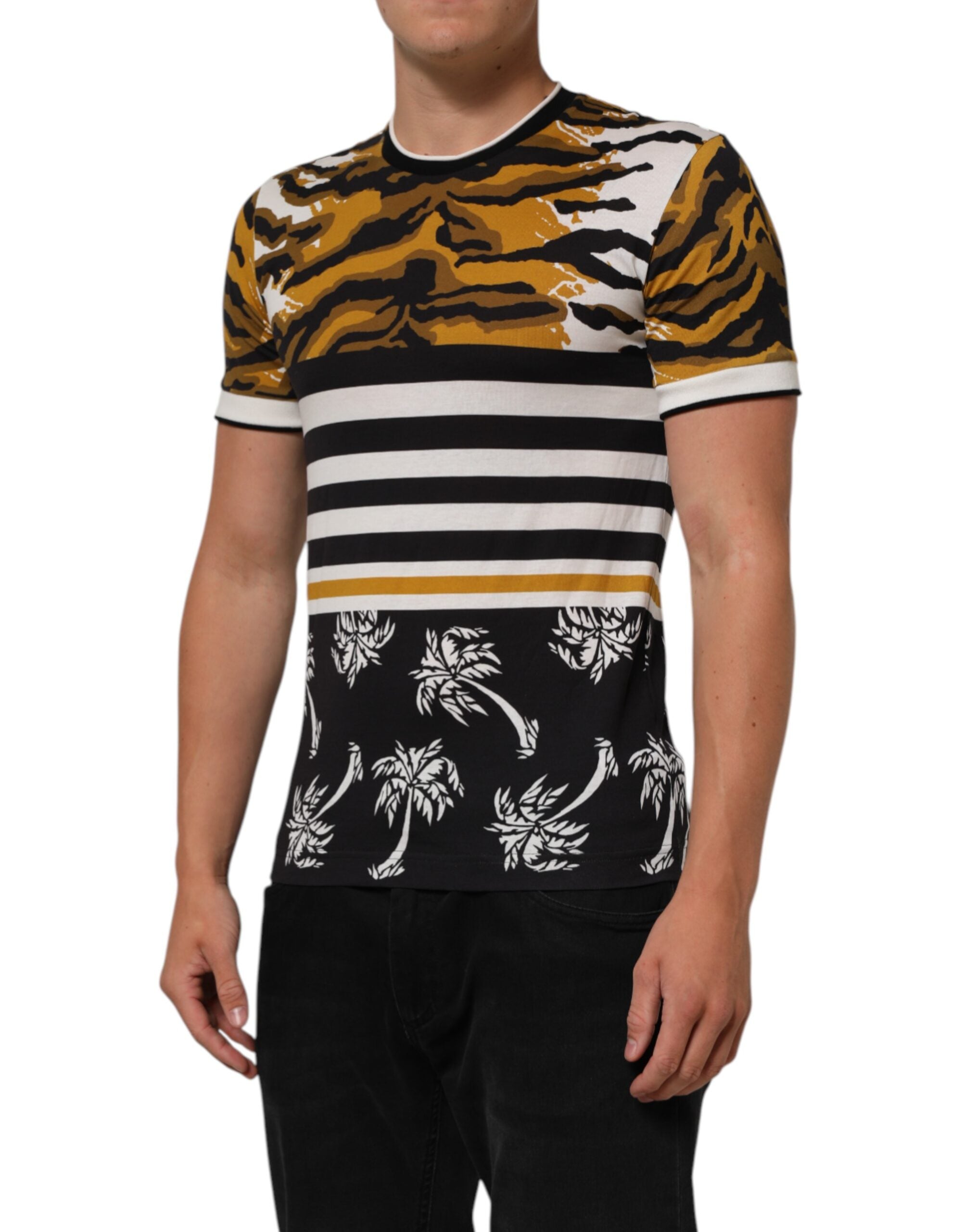 Dolce & Gabbana Multicolor Leopard Palm Leaf Men's Crew Neck T-Shirt