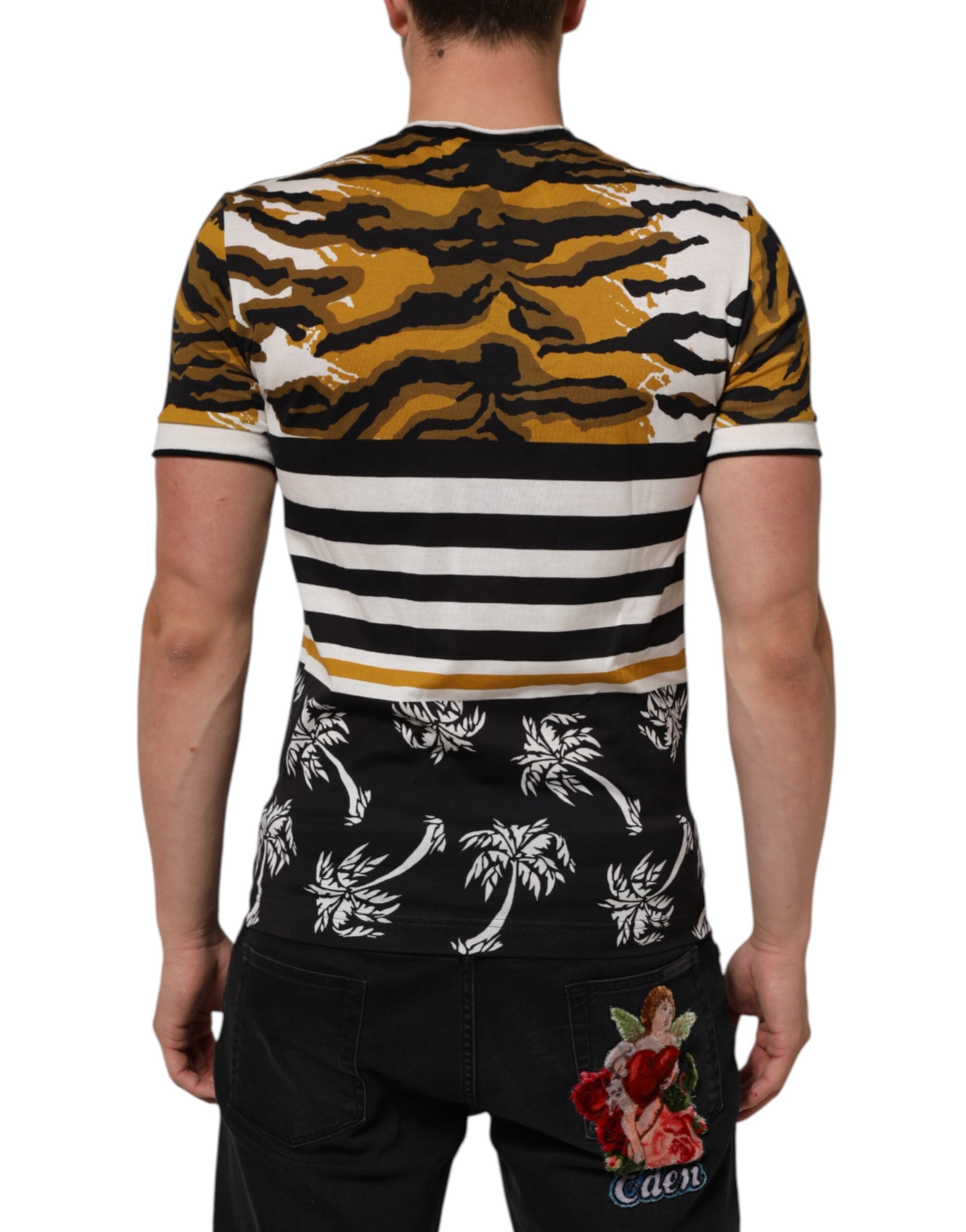 Dolce & Gabbana Multicolor Leopard Palm Leaf Men's Crew Neck T-Shirt