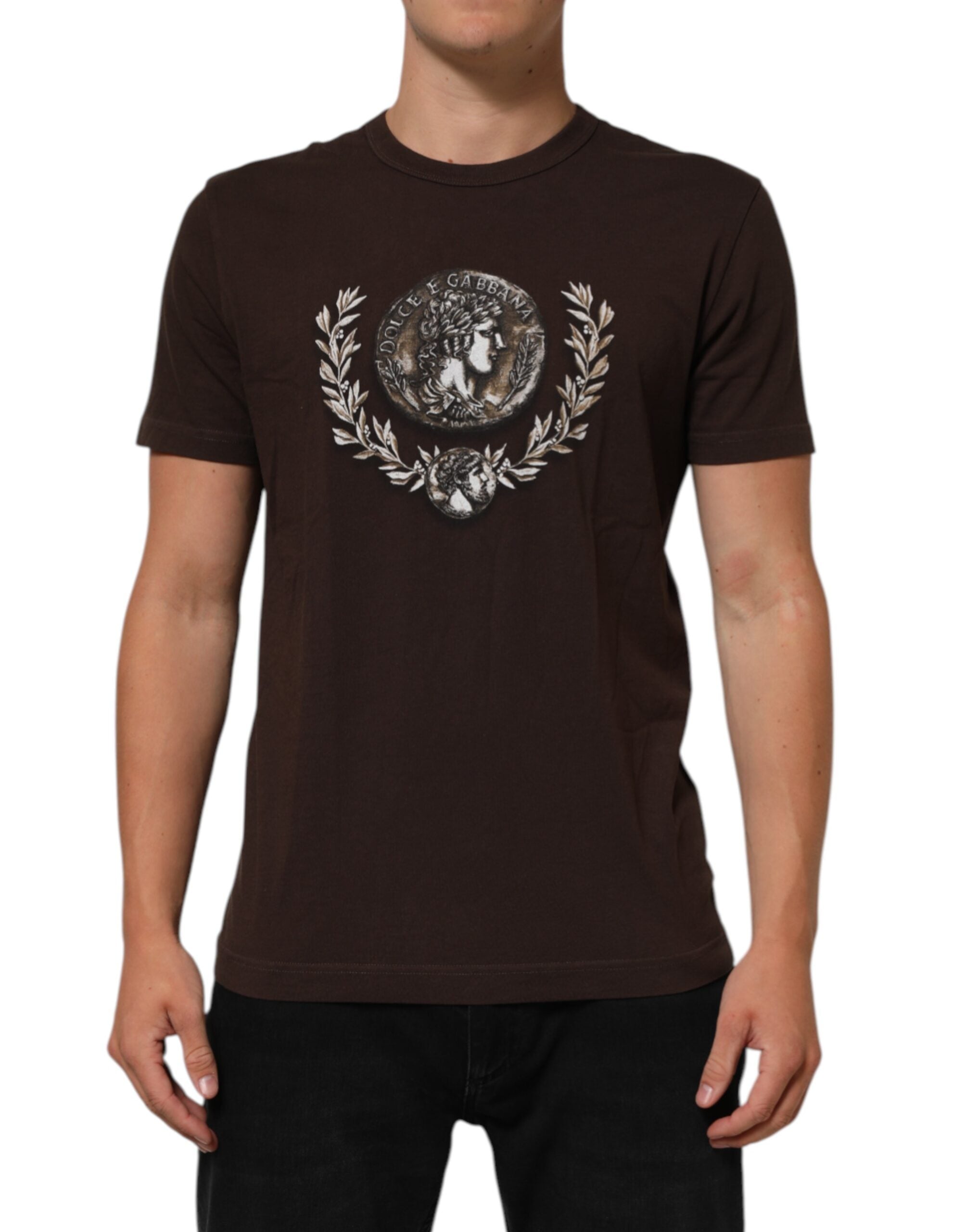 Dolce & Gabbana Braunes Münz-Lorbeer-T-Shirt mit Rundhalsausschnitt für Männer
