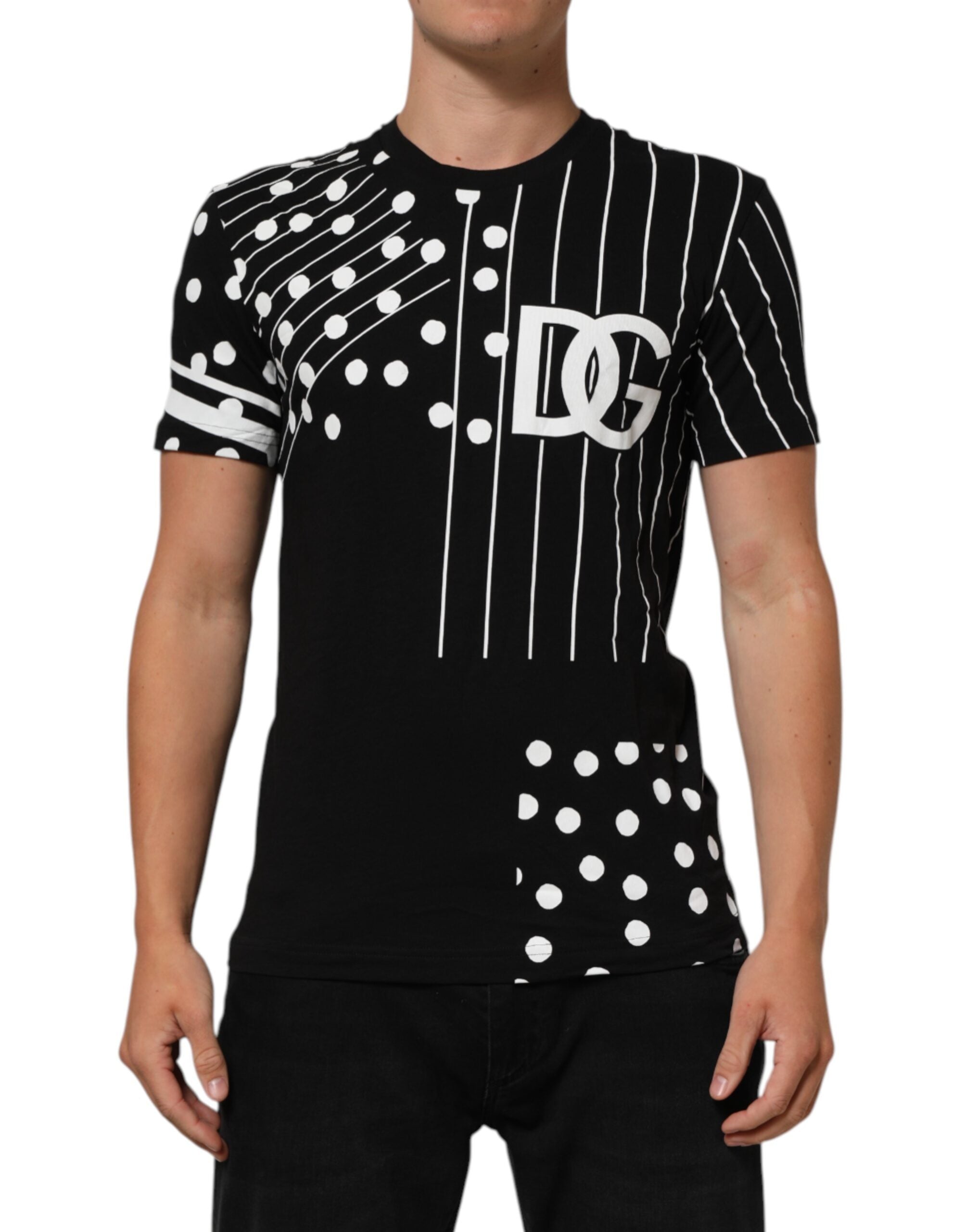 Dolce & Gabbana Black Cotton Crew Neck T-Shirt with Polka Dots