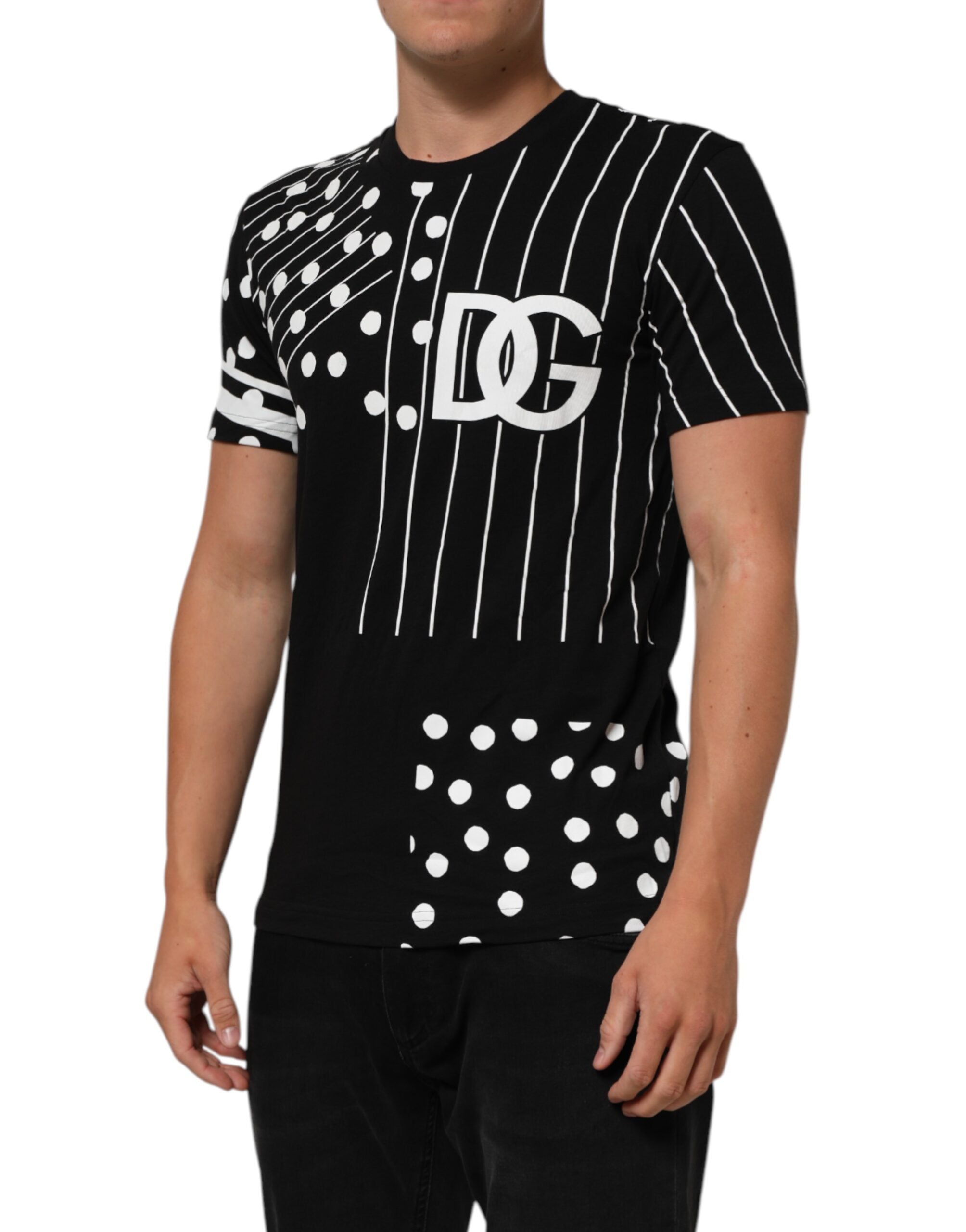 Dolce & Gabbana Black Cotton Crew Neck T-Shirt with Polka Dots
