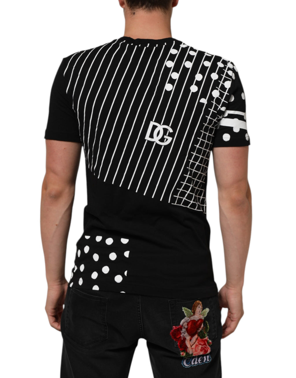 Dolce & Gabbana Black Cotton Crew Neck T-Shirt with Polka Dots