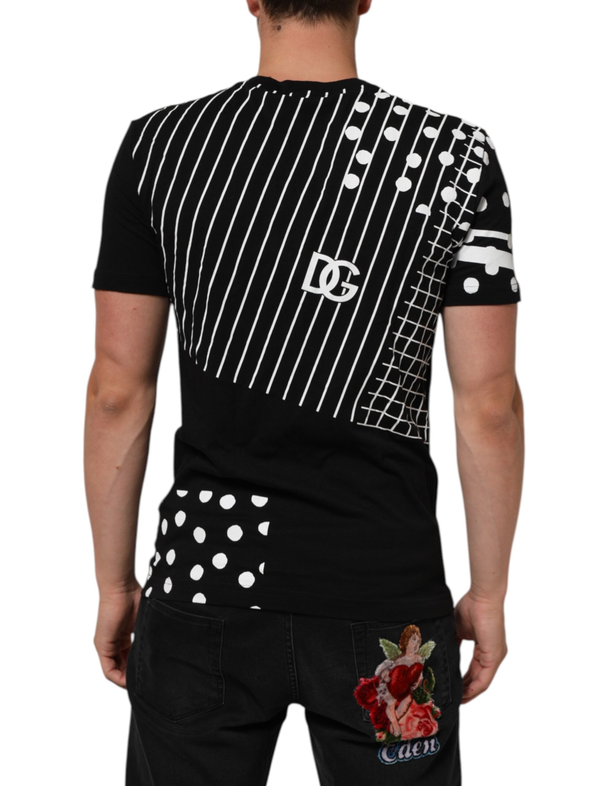 Dolce & Gabbana Black Cotton Crew Neck T-Shirt with Polka Dots