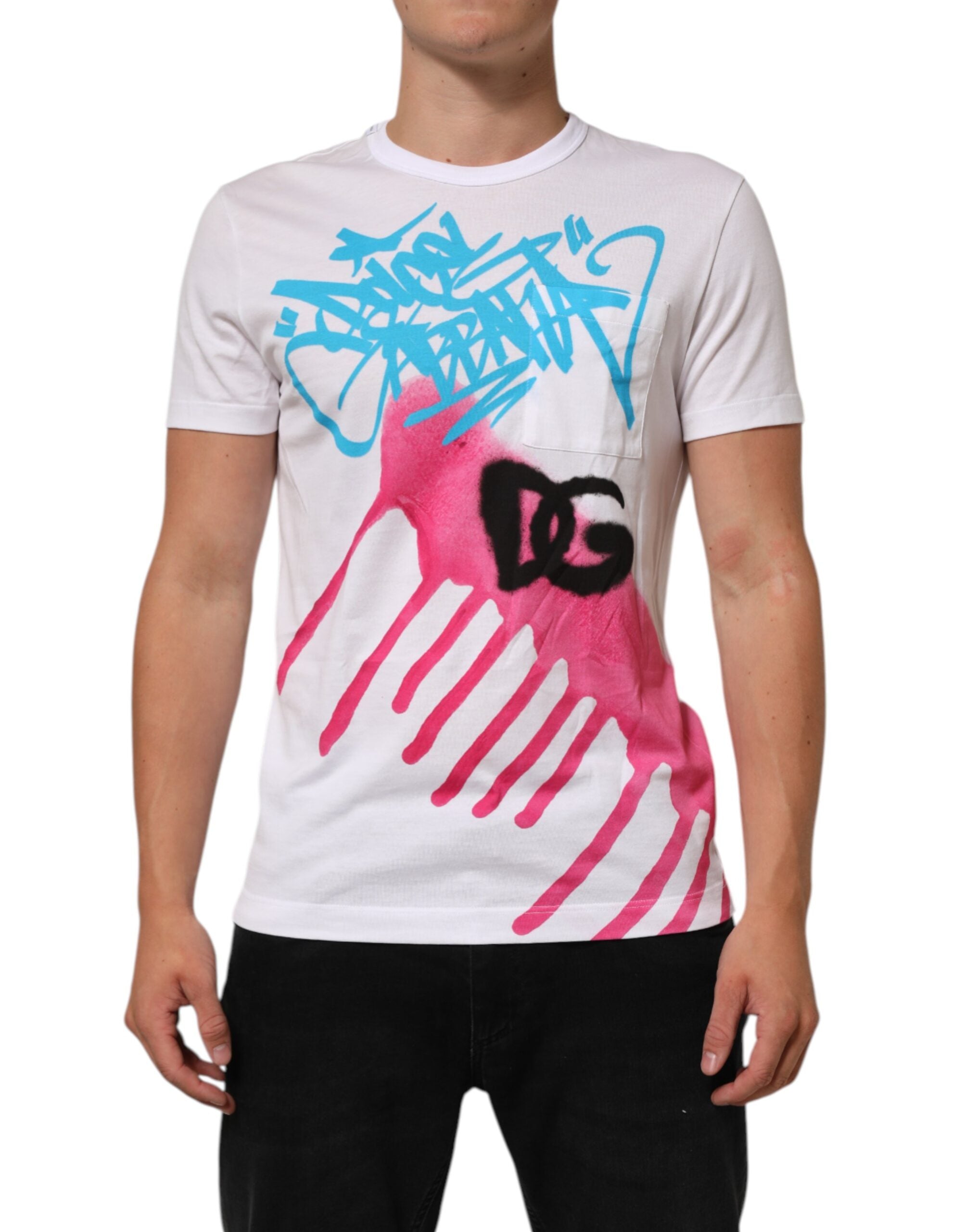 Dolce & Gabbana Weißes T-Shirt mit Rundhalsausschnitt aus Baumwolle mit Grafikdruck