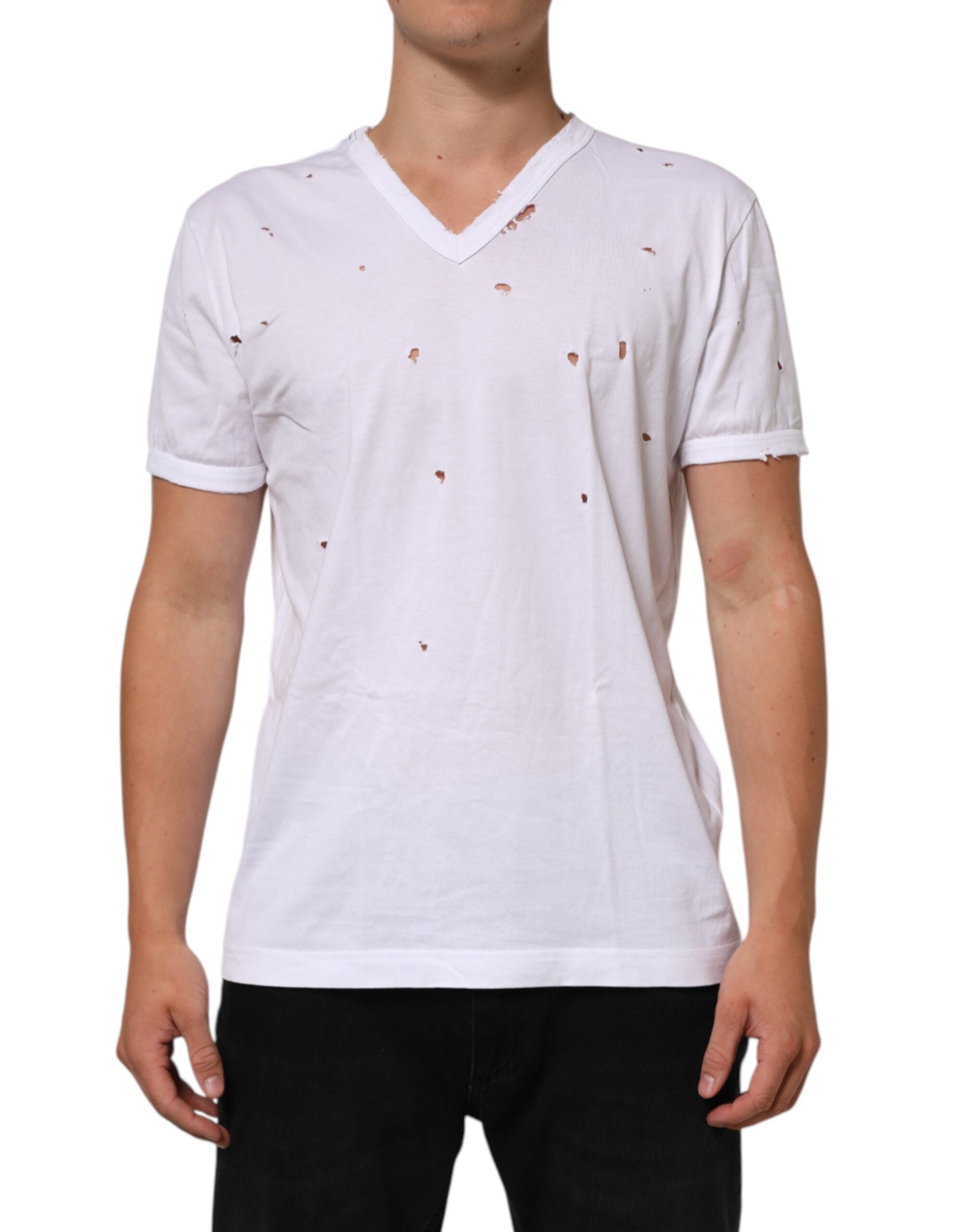 Dolce & Gabbana Weißes Distressed Baumwolle V-Ausschnitt Männer-T-Shirt