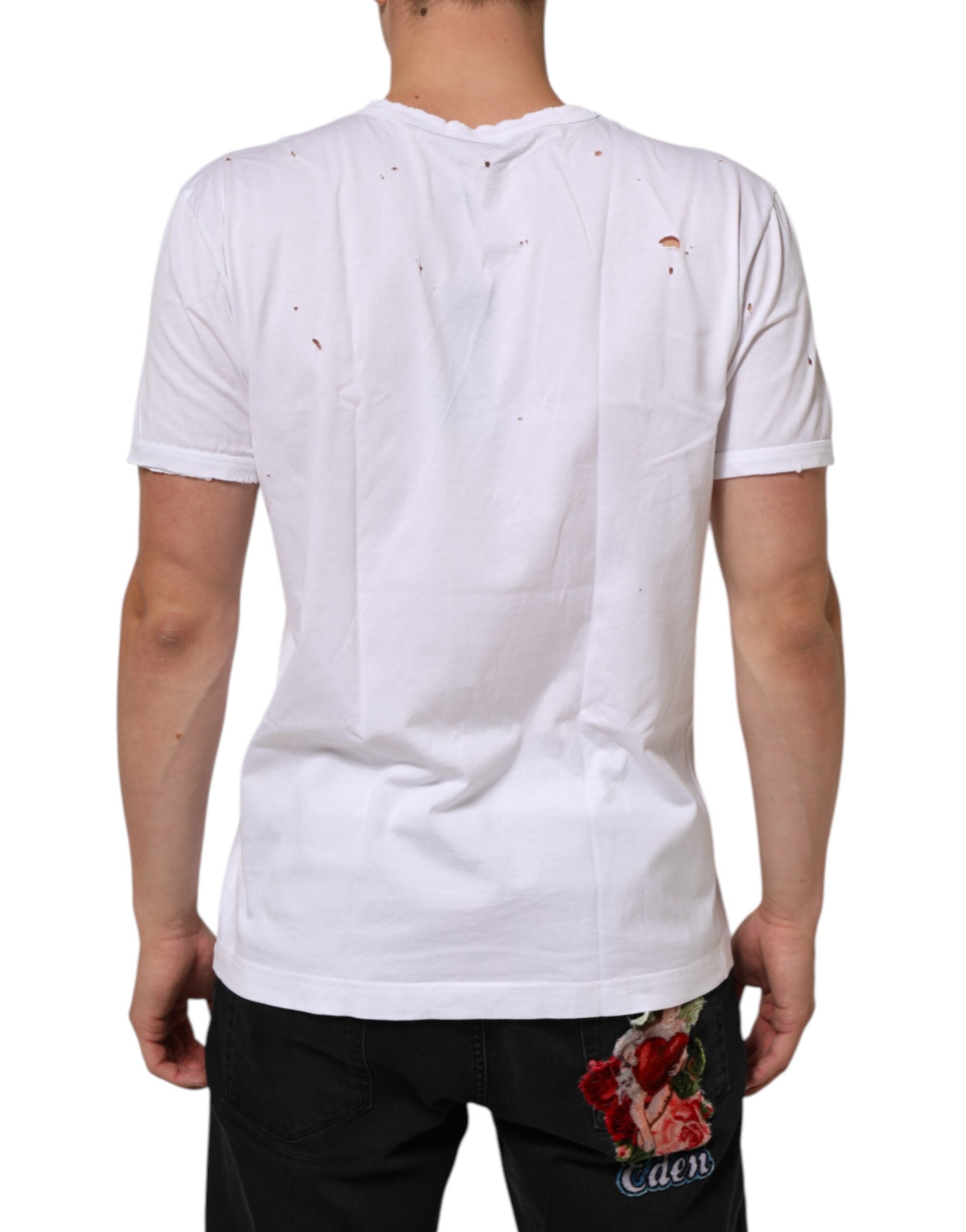 Dolce & Gabbana Weißes Distressed Baumwolle V-Ausschnitt Männer-T-Shirt