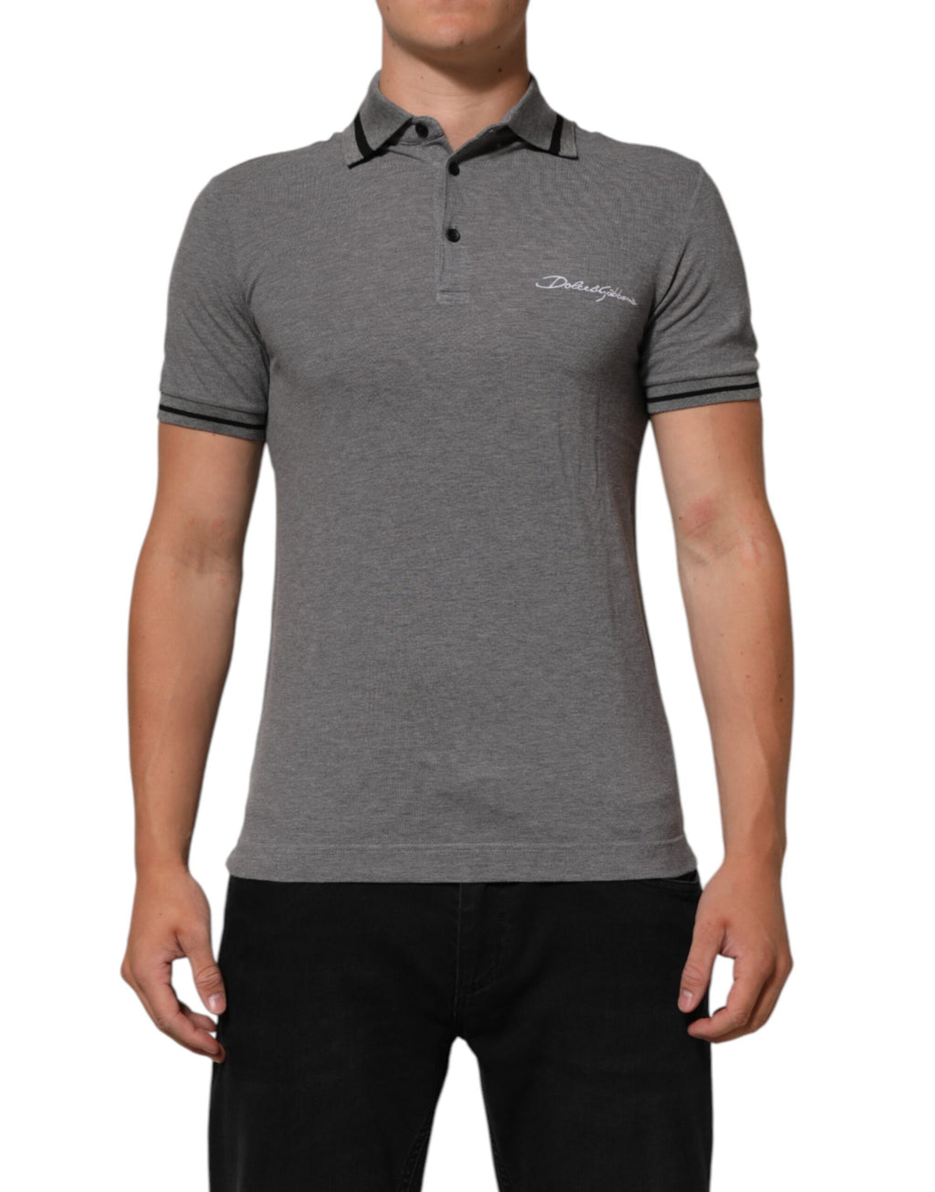 Dolce & Gabbana Grey Polo Shirt with Logo Embroidery and Collar