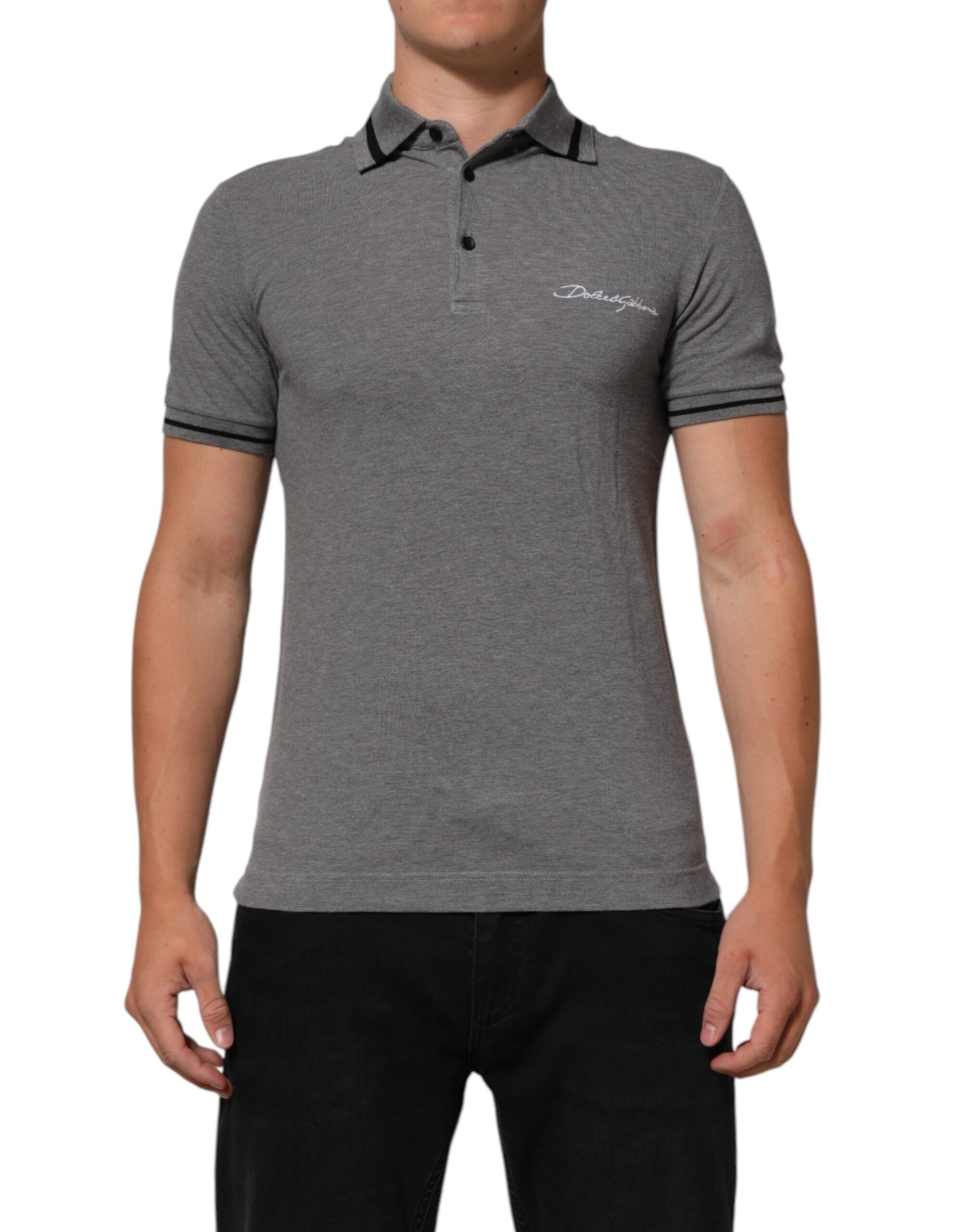 Dolce & Gabbana Grey Polo Shirt with Logo Embroidery and Collar