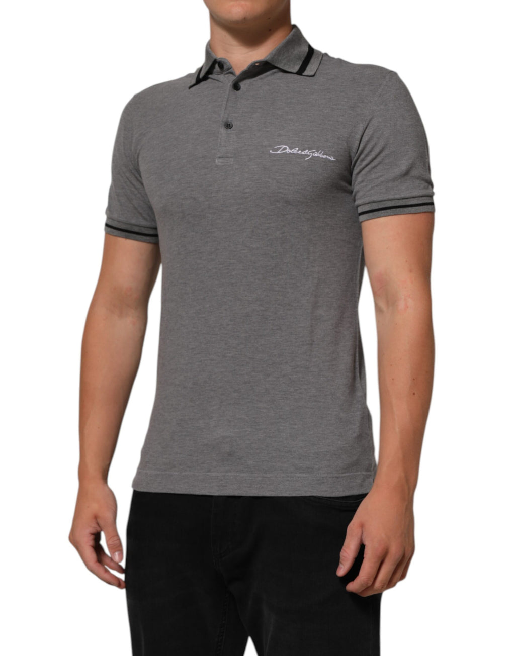 Dolce & Gabbana Grey Polo Shirt with Logo Embroidery and Collar
