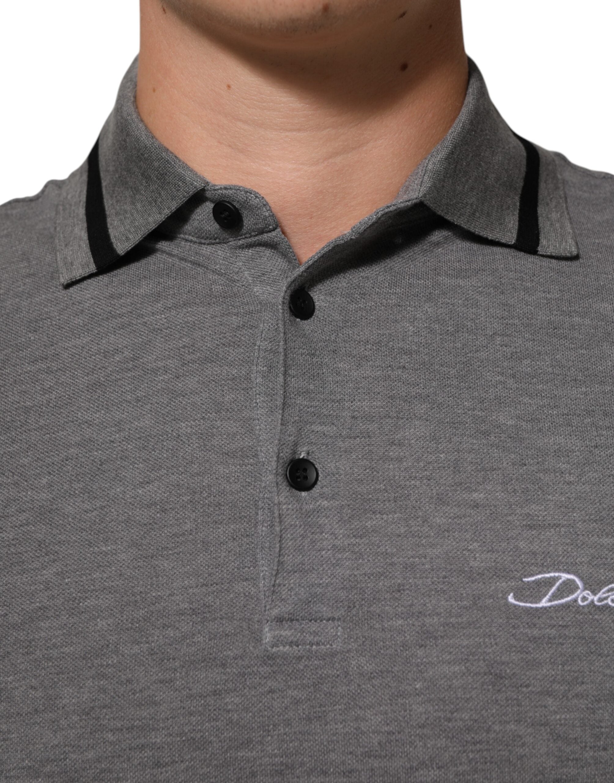 Dolce & Gabbana Grey Polo Shirt with Logo Embroidery and Collar