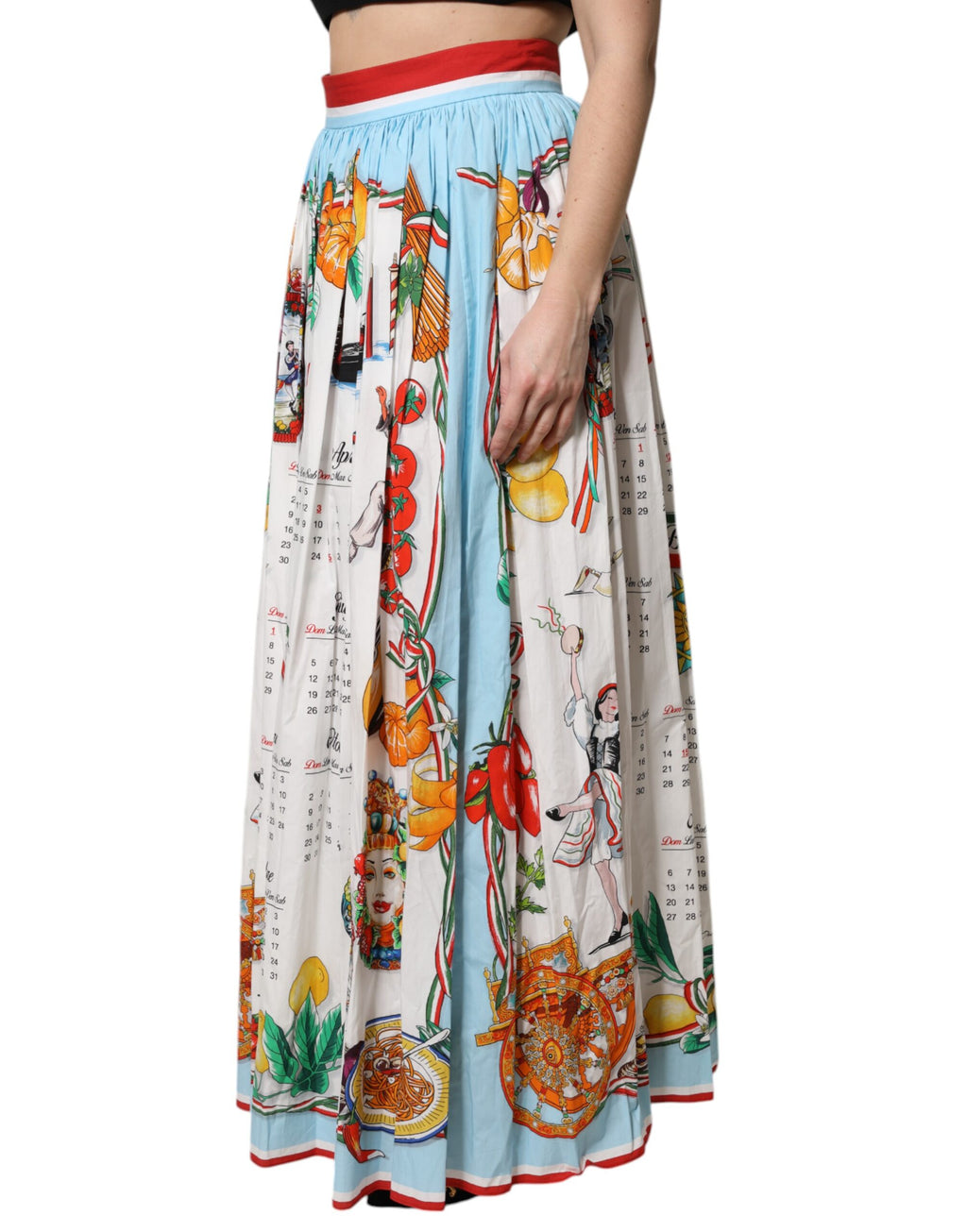 Dolce & Gabbana Weißer Maxirock mit Kalenderdruck aus Baumwolle mit Raffungen