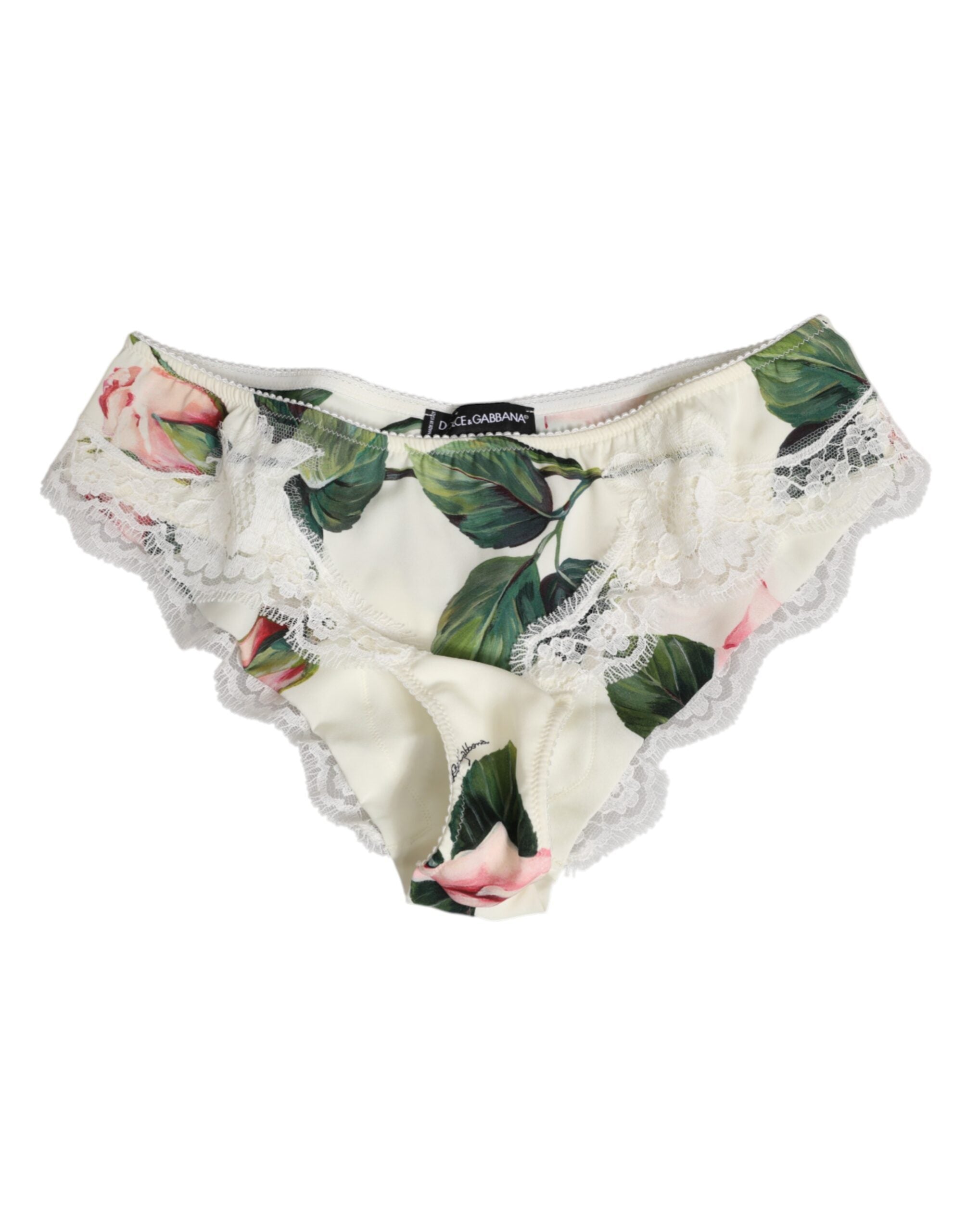 Dolce & Gabbana Weißer Seidensatin mit floraler Spitzenverzierung Slip Unterwäsche