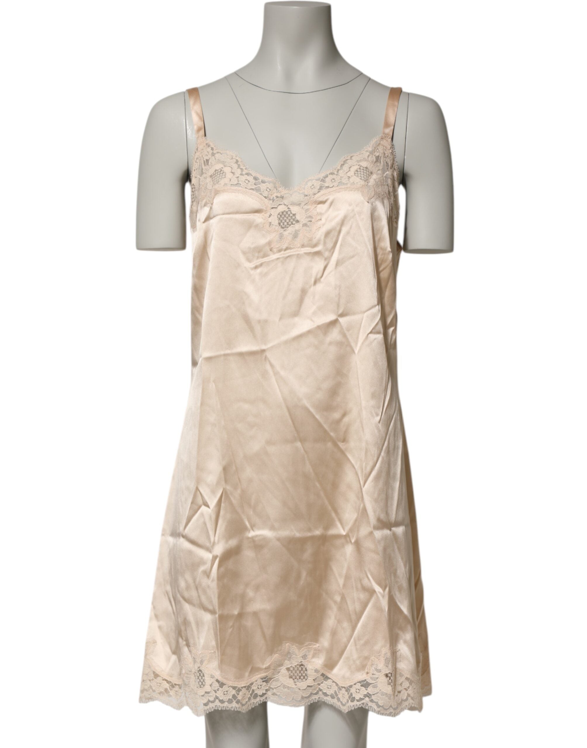 Dolce & Gabbana Nude Chemise Lingerie Seidenmischung Spitzenbesatz Kleid