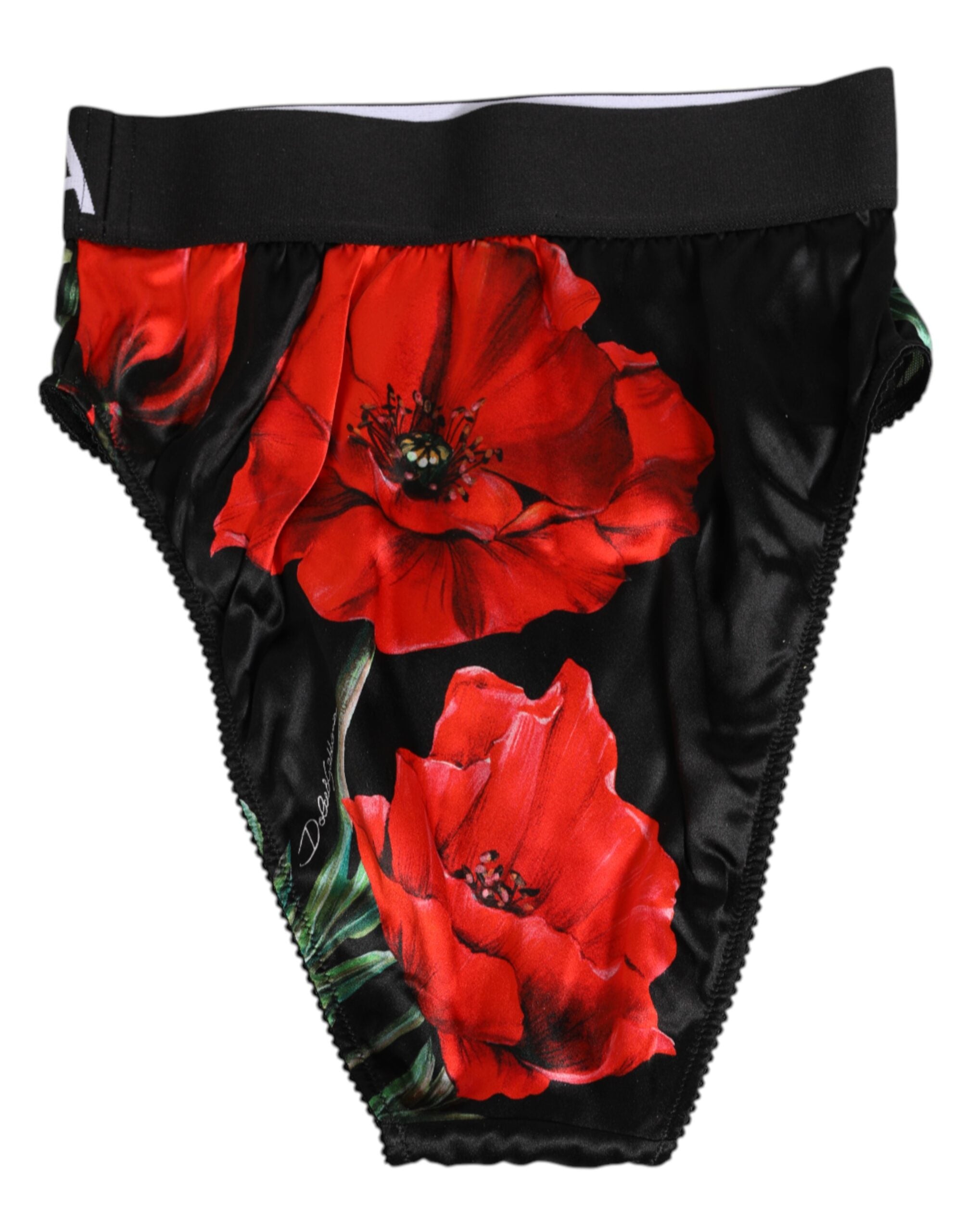 Dolce & Gabbana Black Floral Silk High-Waist Briefs Underwear