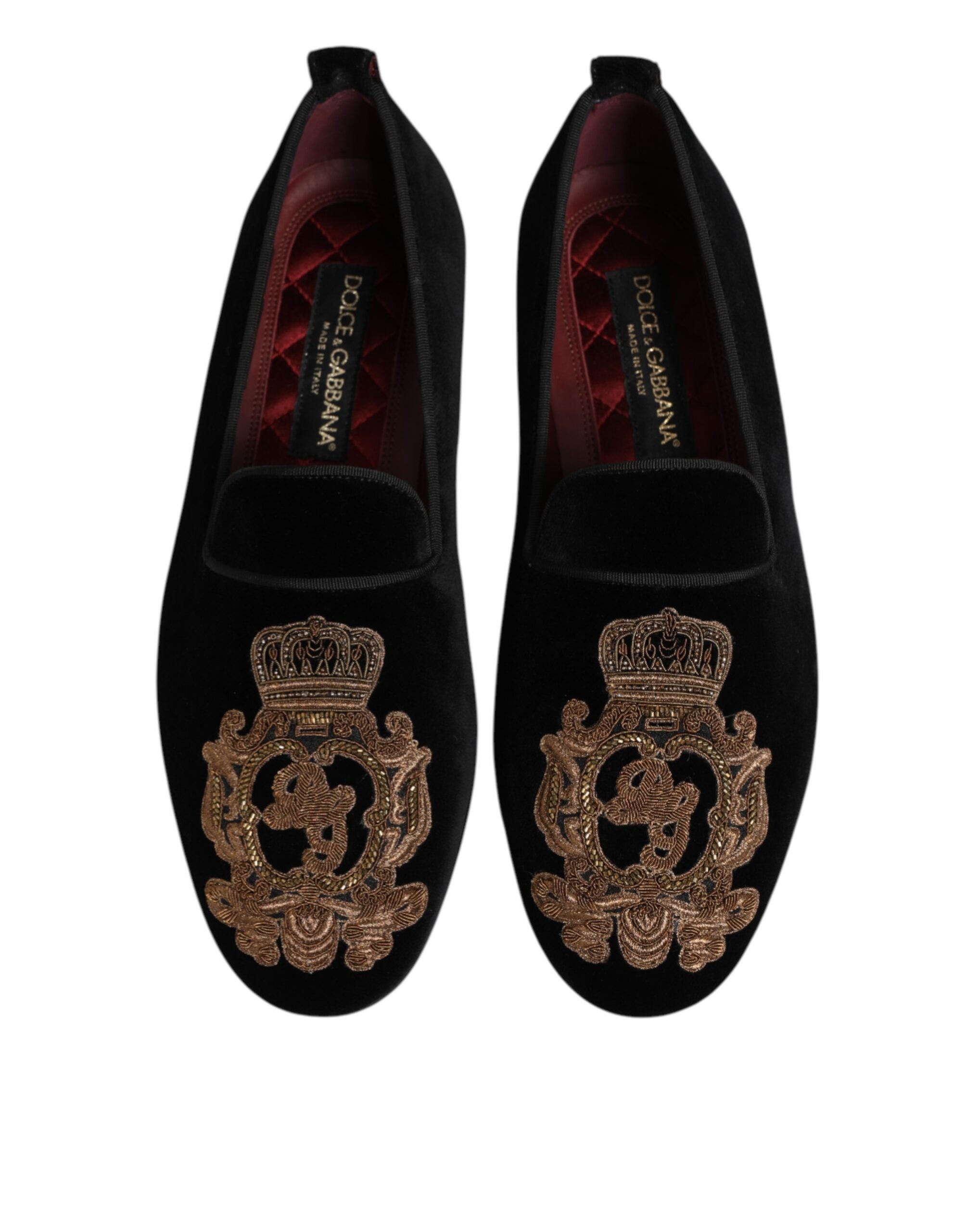Dolce & Gabbana Black Velvet Gold Crown Men's Loafers Shoes