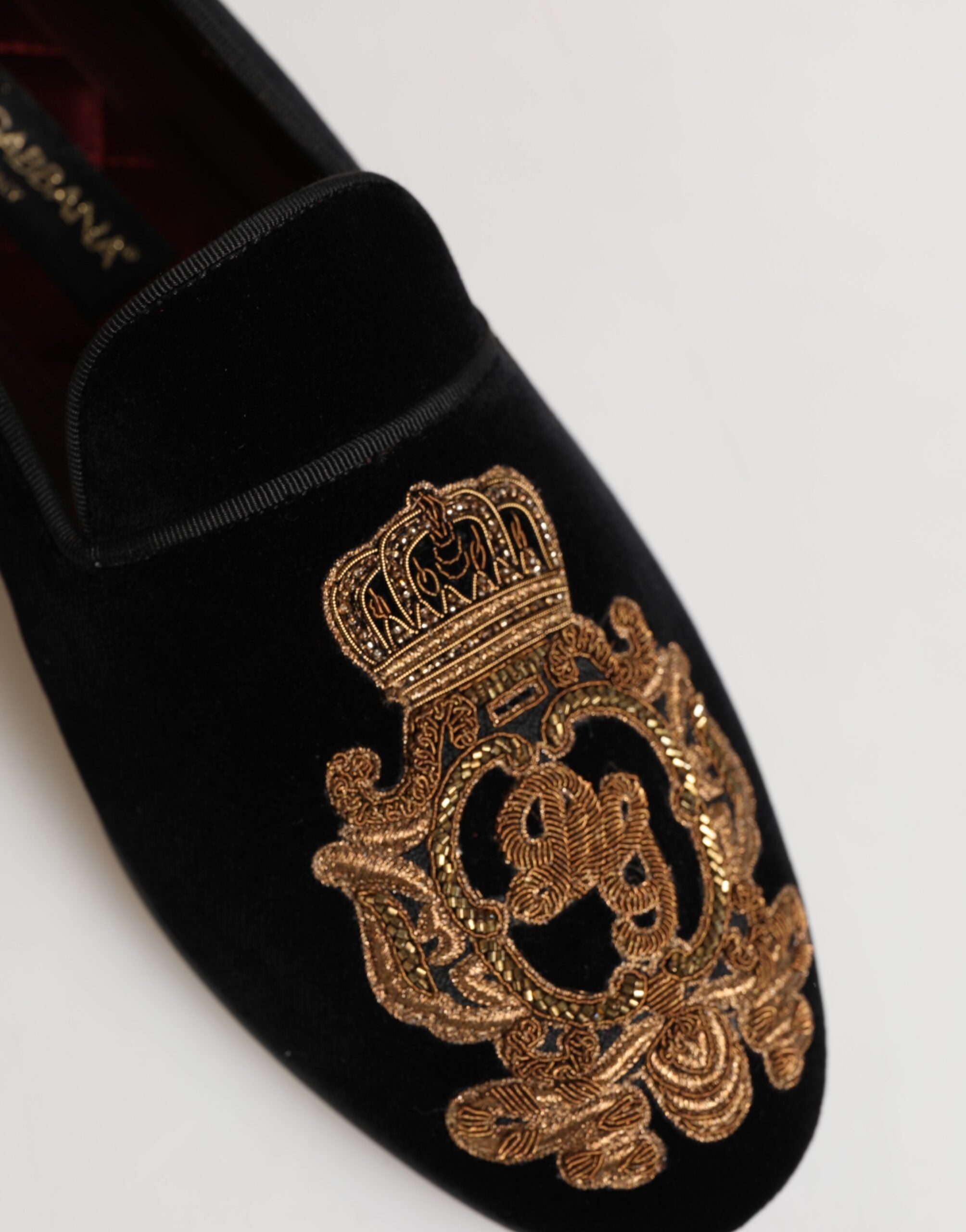 Dolce & Gabbana Black Velvet Gold Crown Men's Loafers Shoes