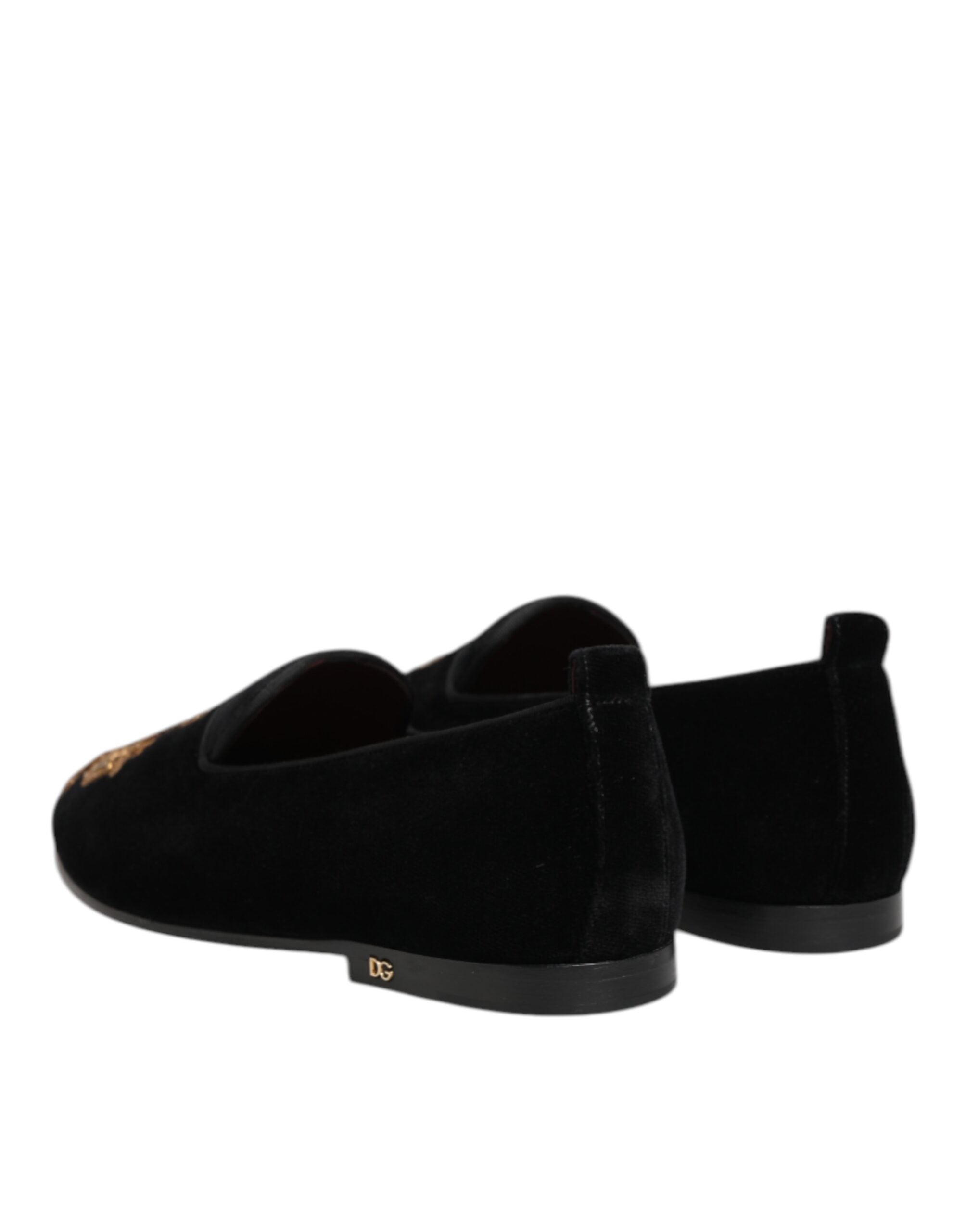 Dolce & Gabbana Black Velvet Gold Crown Men's Loafers Shoes