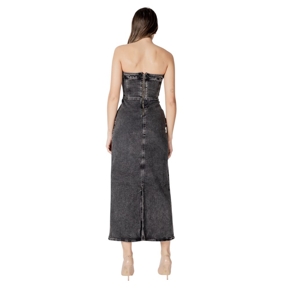 ICHI Schwarzes Baumwoll-Midi-Kleid