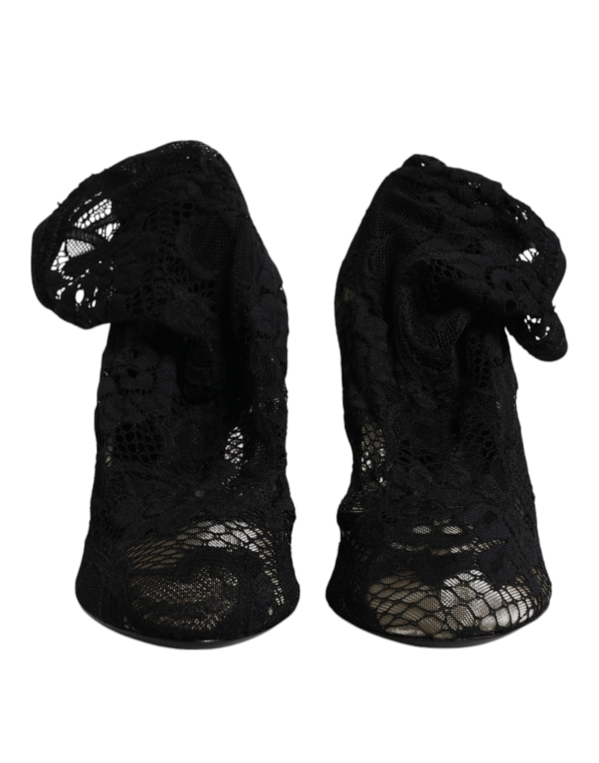 Dolce & Gabbana Schwarze Spitze Stretch Heels Mittlere Wadenstiefel Schuhe