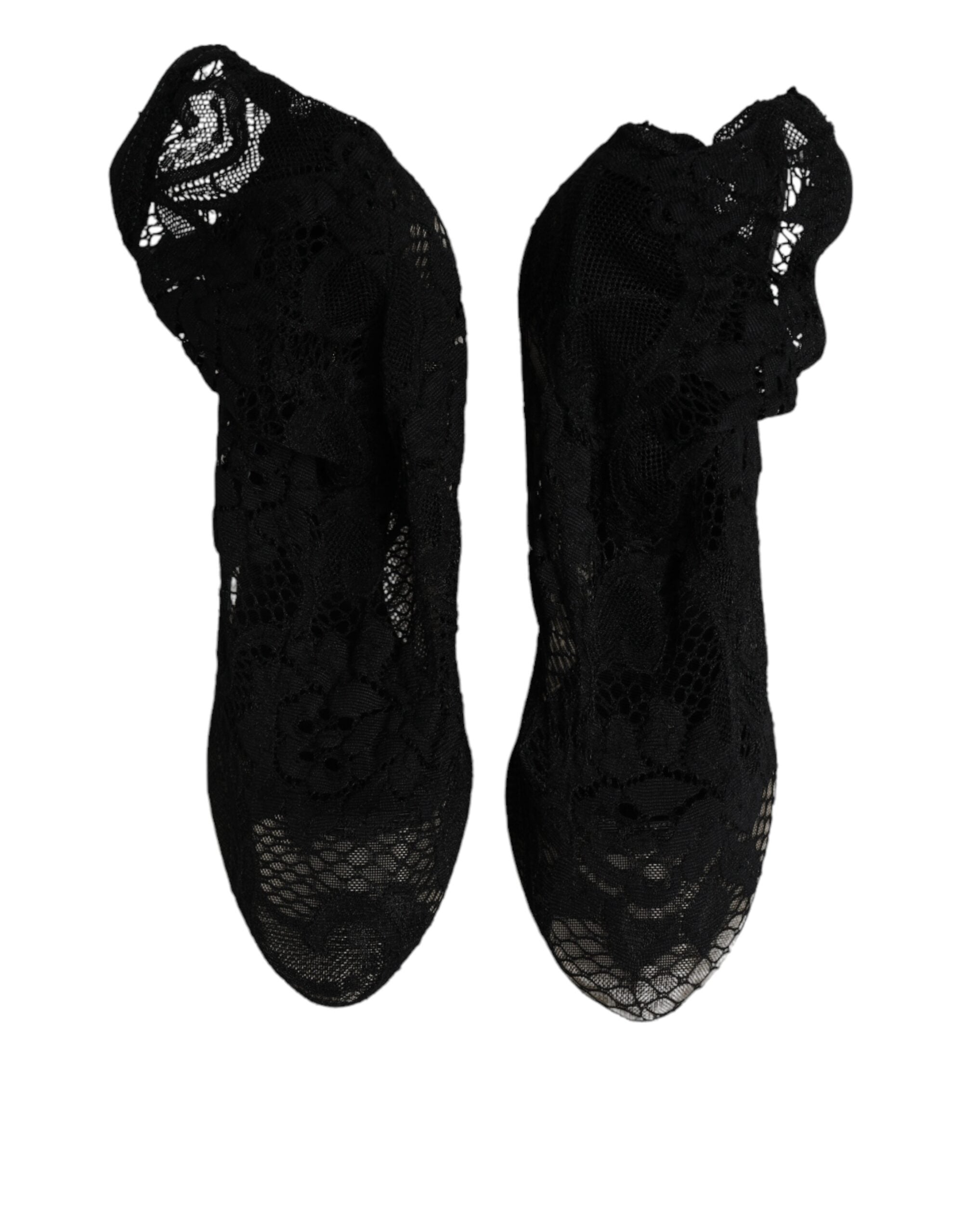 Dolce & Gabbana Schwarze Spitze Stretch Heels Mittlere Wadenstiefel Schuhe