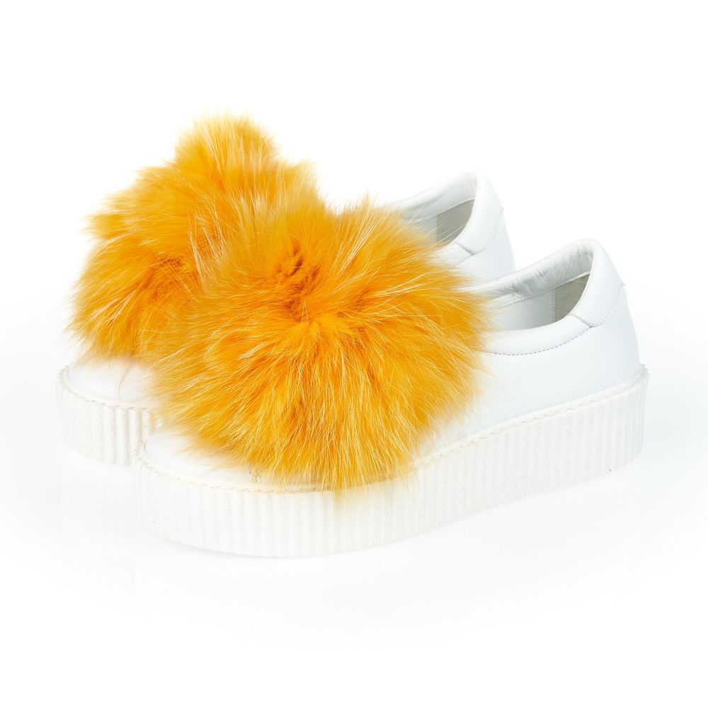 Mr&Mrs Italy Weiße Textil-Sneaker für Damen mit echtem Pelz-Bommel
