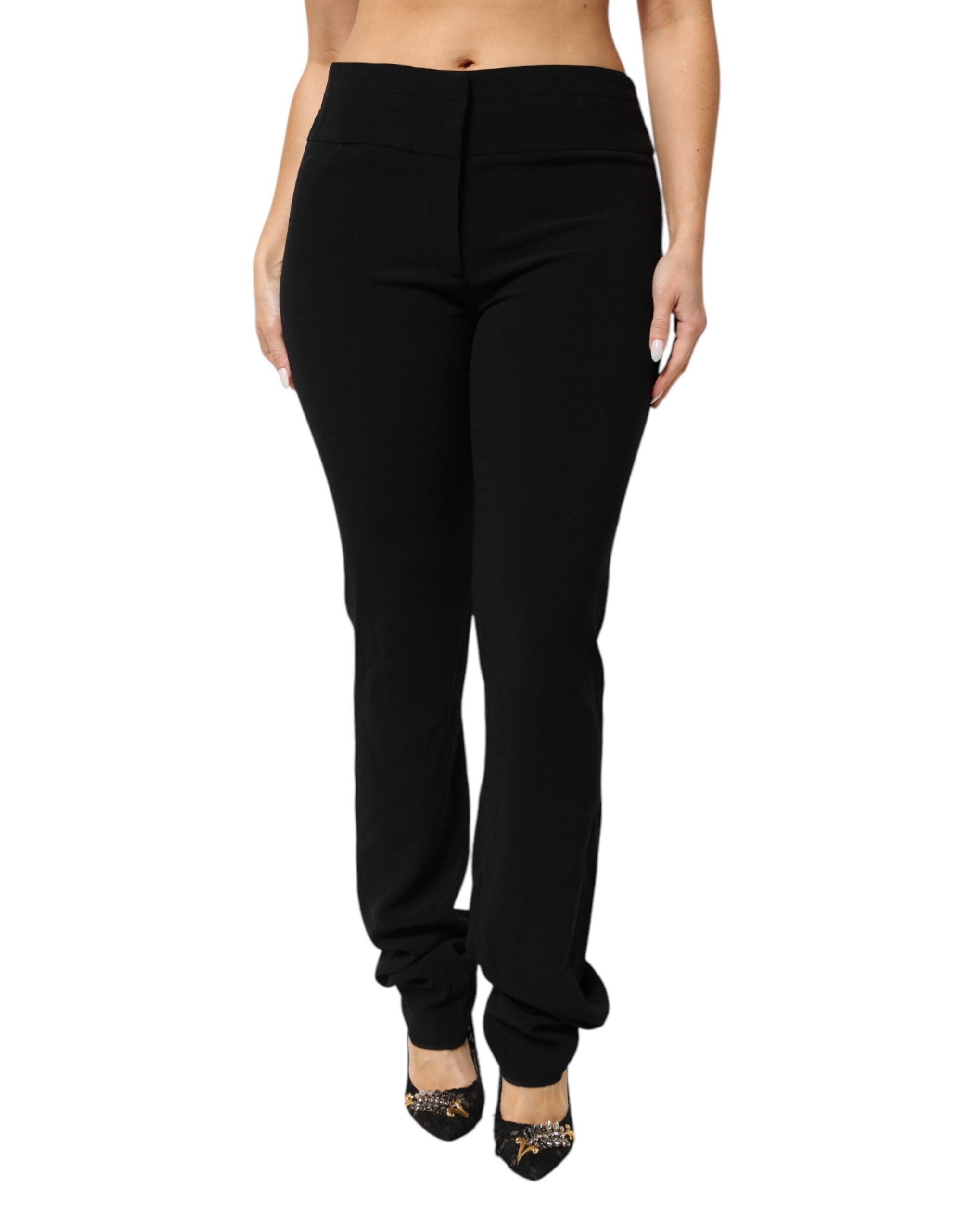 Black Viscose-Acetate Blend High Waisted Straight Leg Trousers