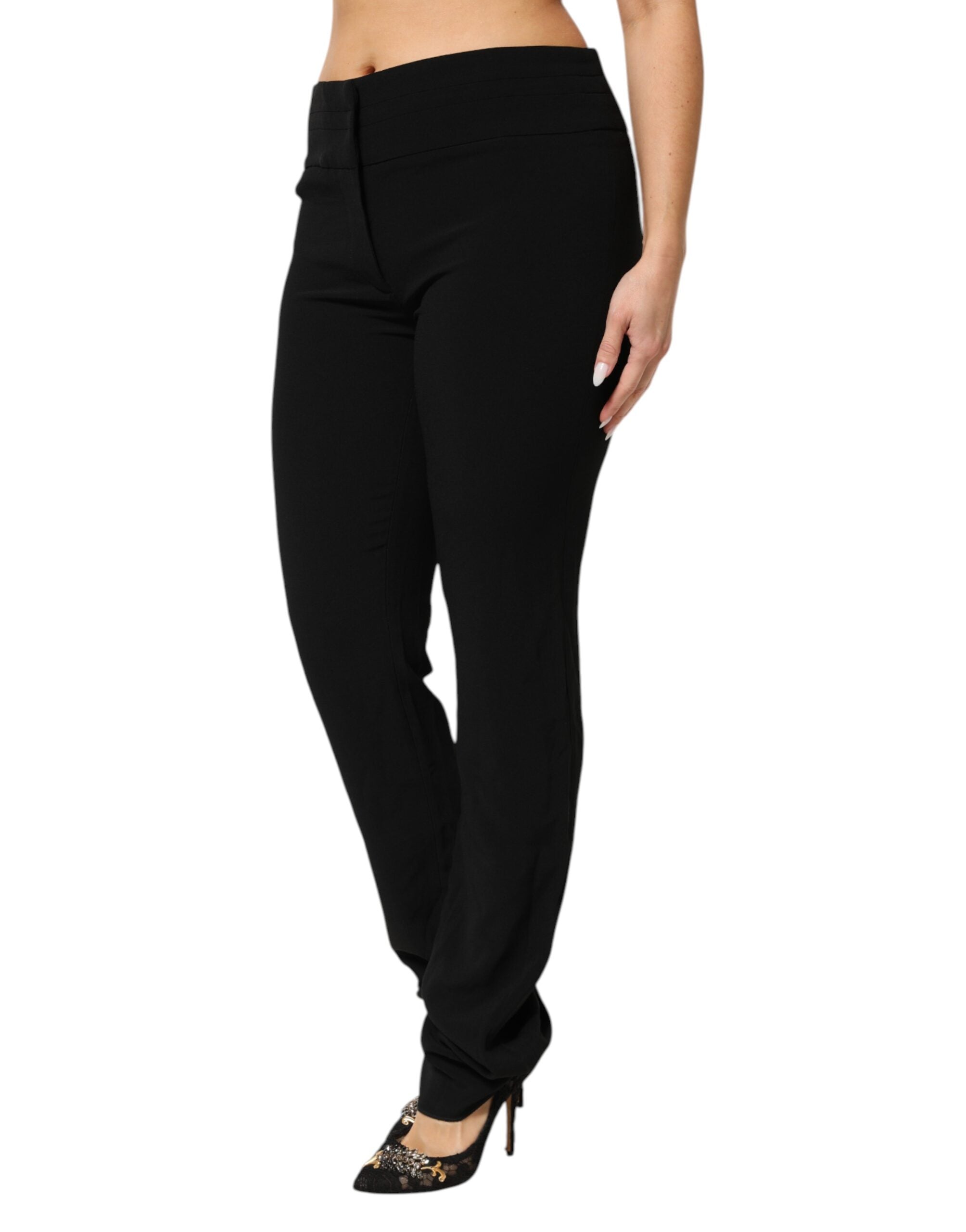 Black Viscose-Acetate Blend High Waisted Straight Leg Trousers