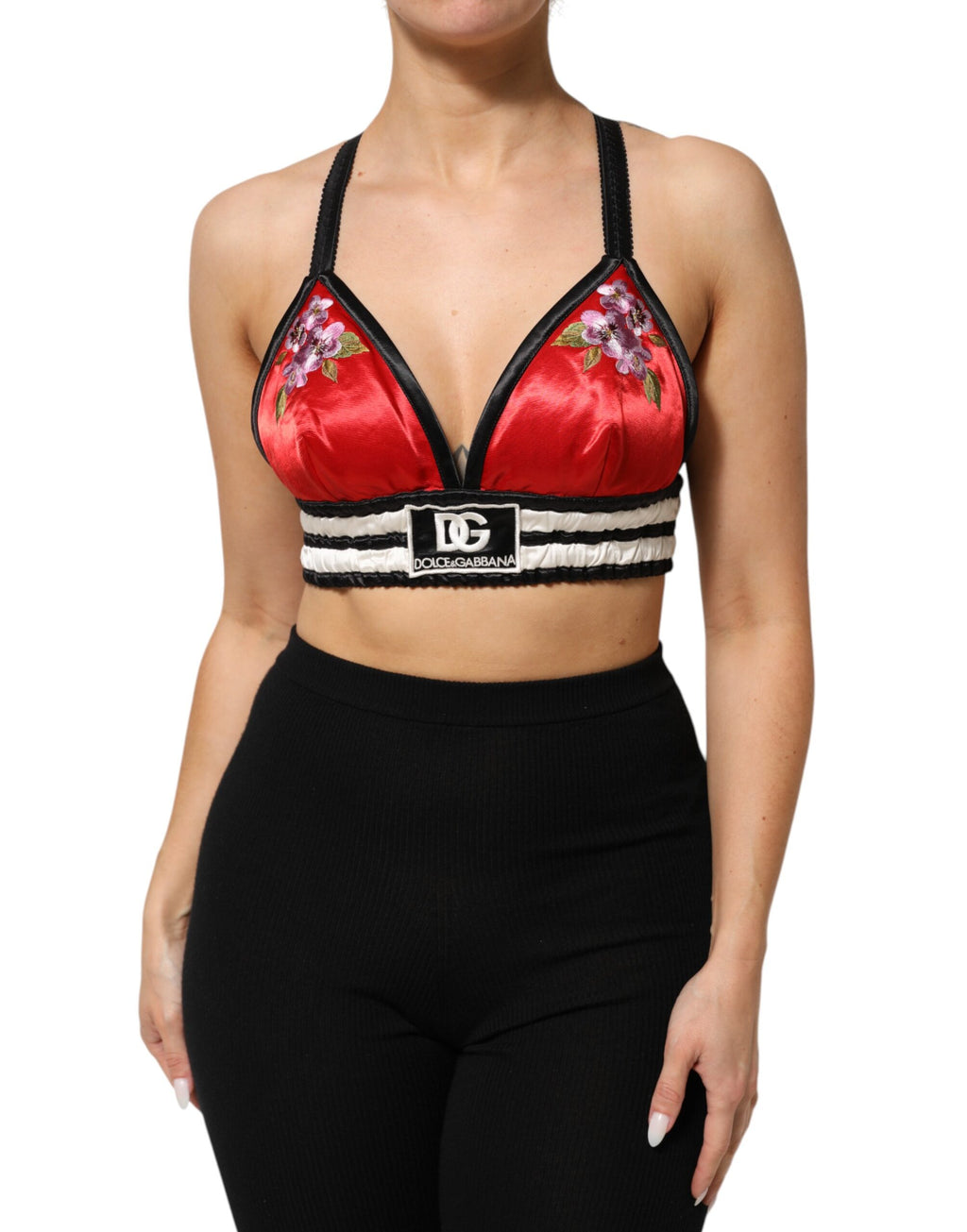 Dolce & Gabbana Red Floral Embroidered Satin Bralette Crop Top