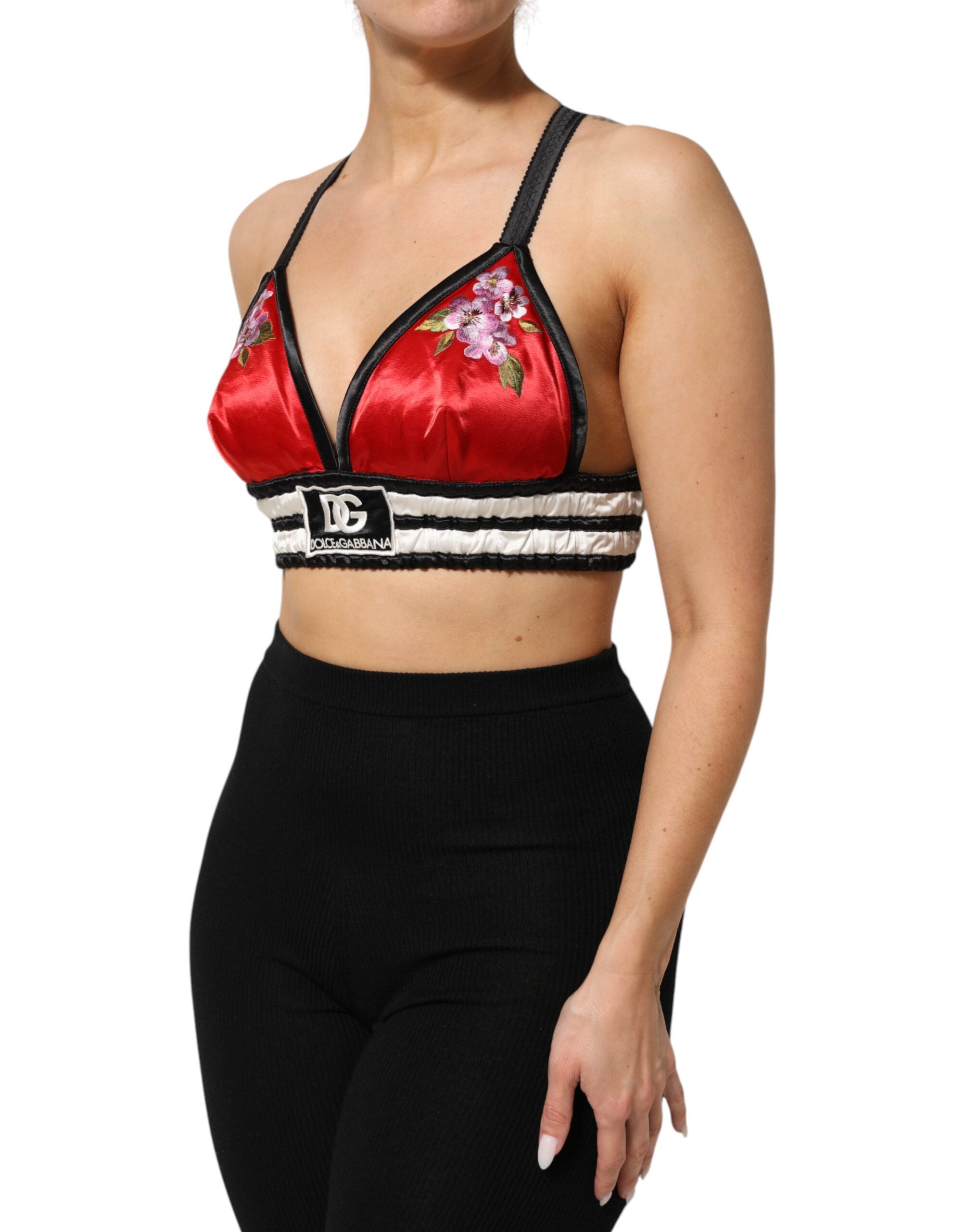 Dolce & Gabbana Red Floral Embroidered Satin Bralette Crop Top