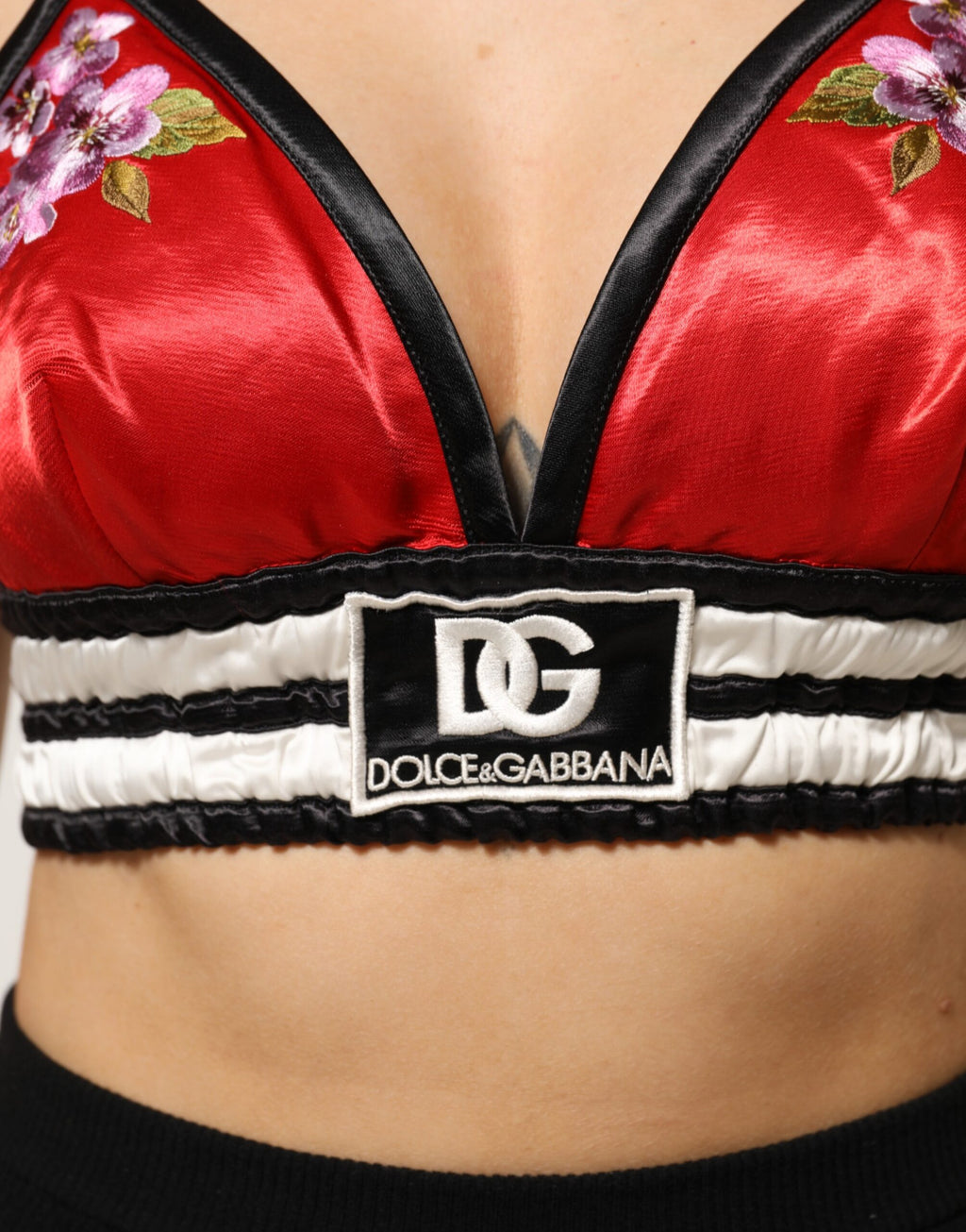 Dolce & Gabbana Red Floral Embroidered Satin Bralette Crop Top
