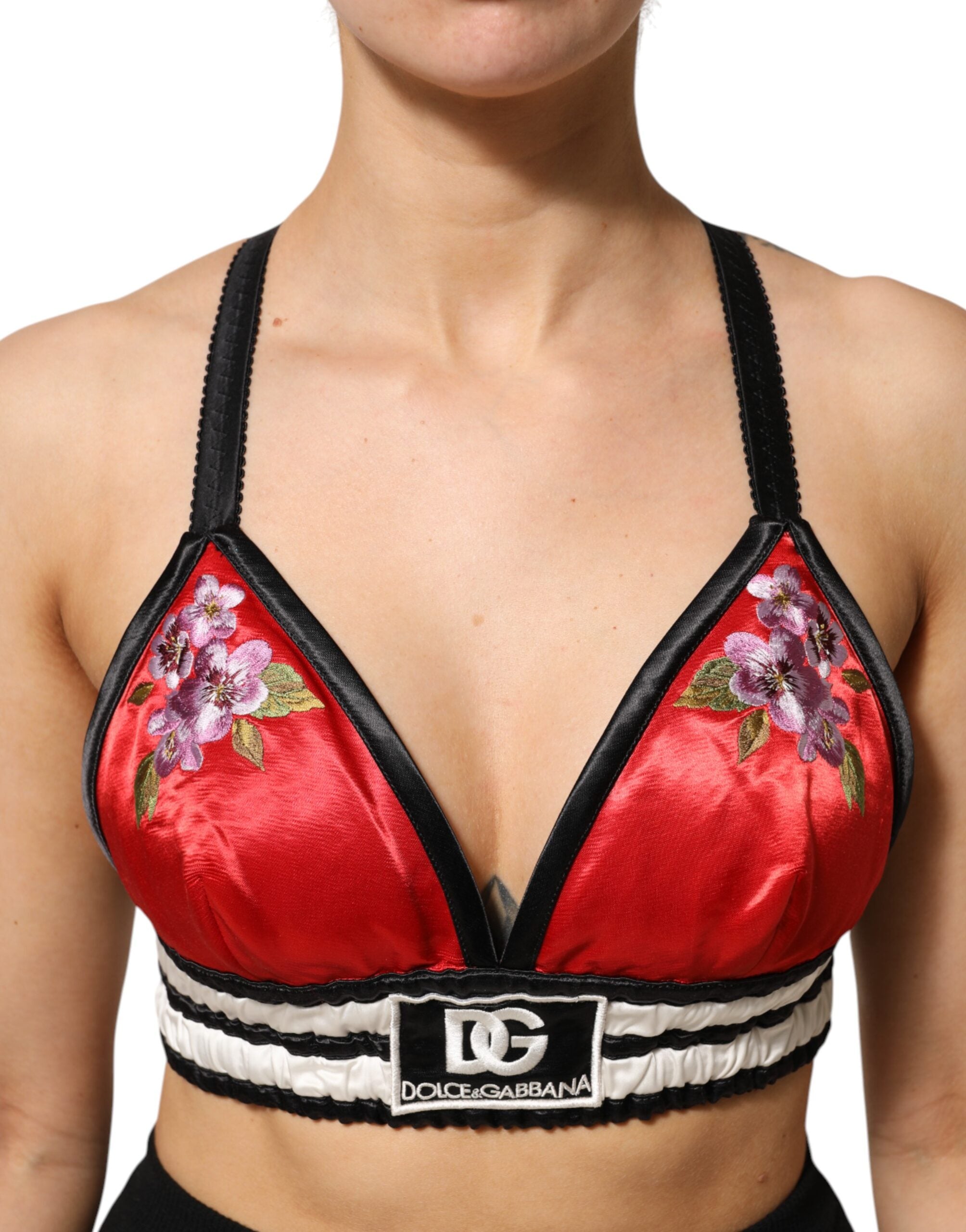 Dolce & Gabbana Red Floral Embroidered Satin Bralette Crop Top